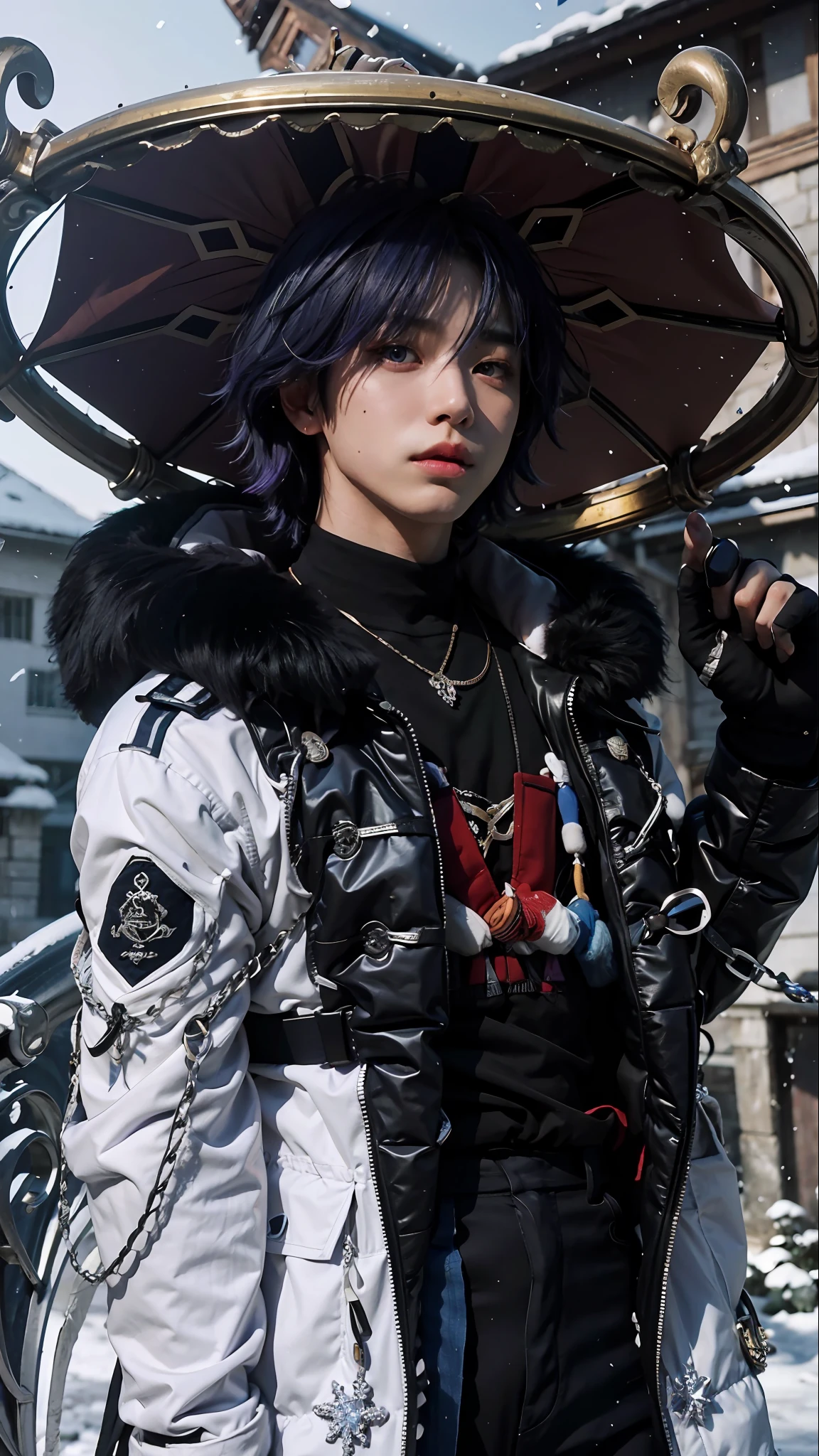 Libido boy,Handsome boy,Cute boy,Innocent face,cool guy,18 years old boy,Gay men,Blue-purple hair,Purple eyes, dark-blue hair, Hair blocks the eyes,Eyes looking upwards,Facial light and shadow,plain face,Oyuki,Snowflakes dance in the air,A high resolution, 4K, Award-winning, cosplay, Snowflakes flutter in the air, Movie lighting, Masterpiece, super detailing, High quality, highly details, Movie lighting, Film graininess, true to life, Face Shadow,style of photography,monochrome,escala cinza,a sketch,Realistic,Photorealistic,