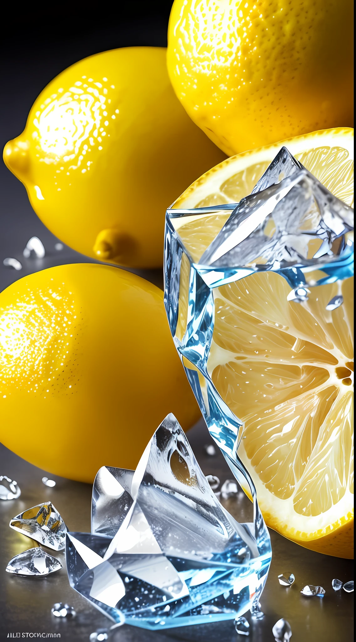 Crush a lemon into pieces,Juicy,delicacy,icey,promo photo,Complicated details,hdr,cinematic ligh,adobe lightroom,The is very detailed