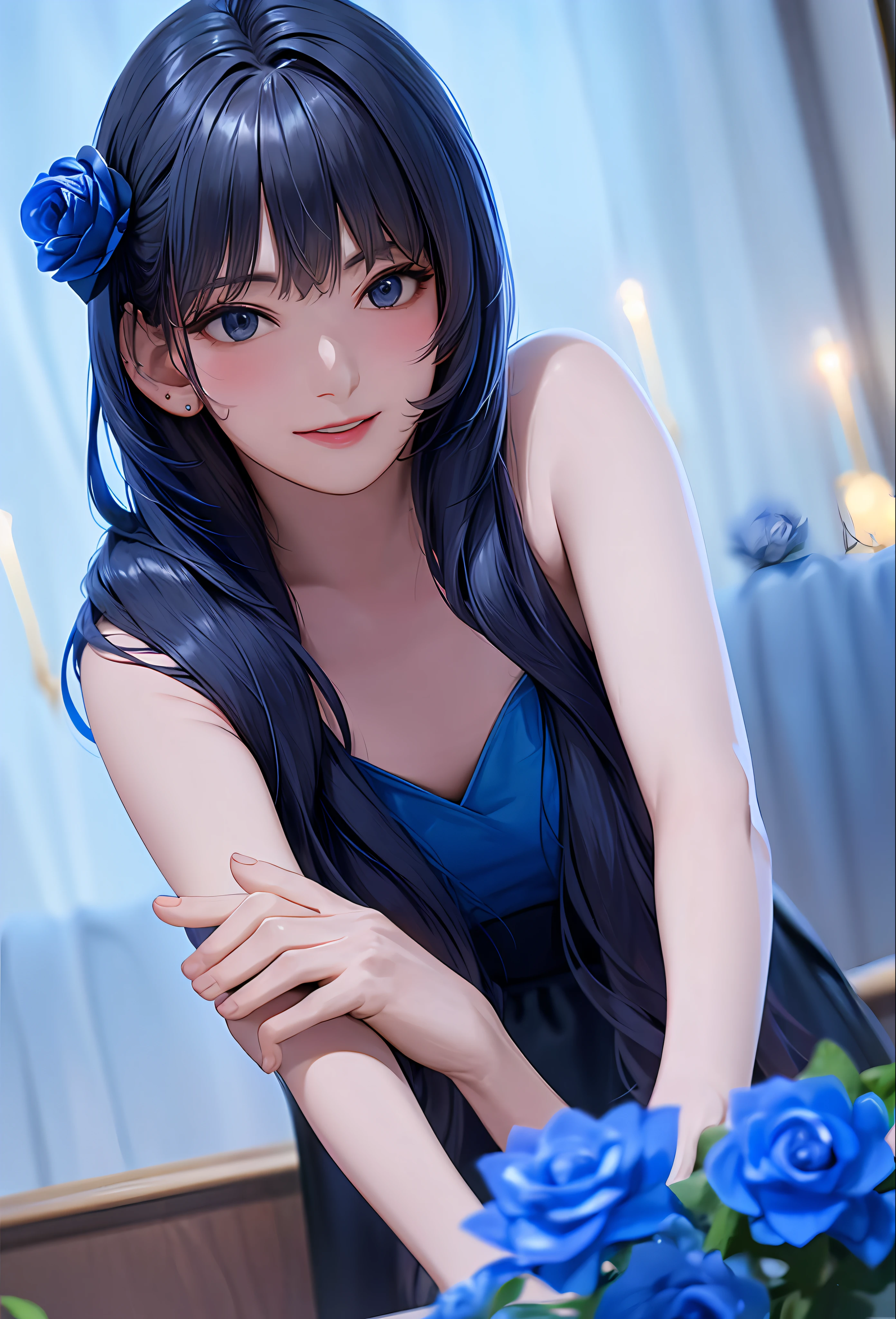 (8k, top quality, masterpiece: 1.2), (realistic, photorealistic: 1.37), super detailed, girl alone, cute, solo, midnight, beautiful detailed sky, detailed café, sitting, dating, (blush), (smile: 1.15), small breasts (mouth closed), beautiful fine eyes, floating hair NovaFrogStyle, back open dress, blue rose accessories, Blue rose background