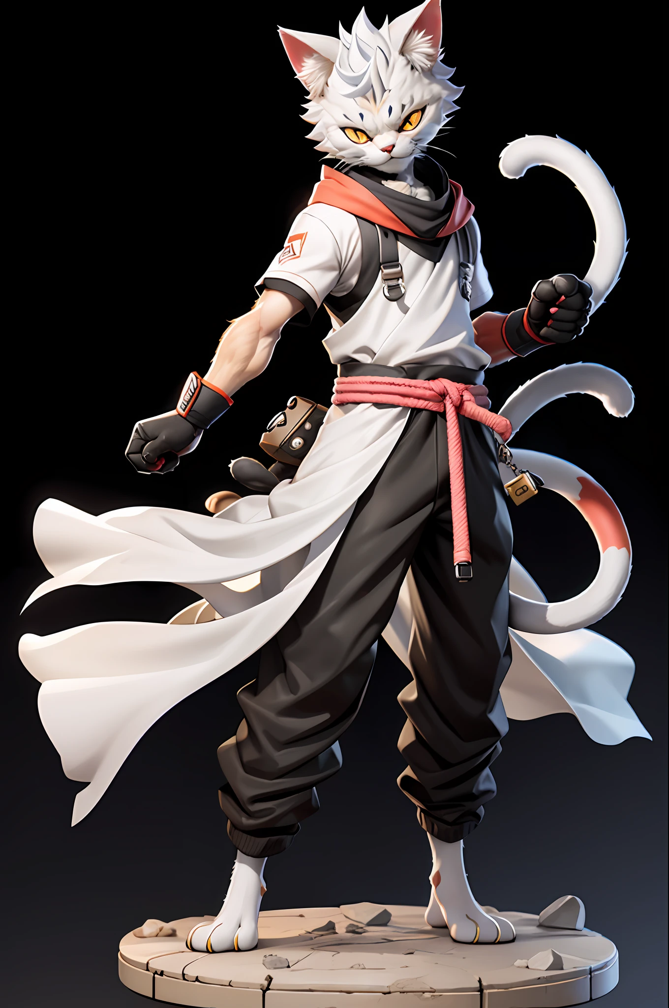 best quality,
tail, solo, cat ears, white hair, cat tail, 1boy, gloves, animal ear fluff, standing, full body, looking at viewer, black background,
rackanimal,balck background,