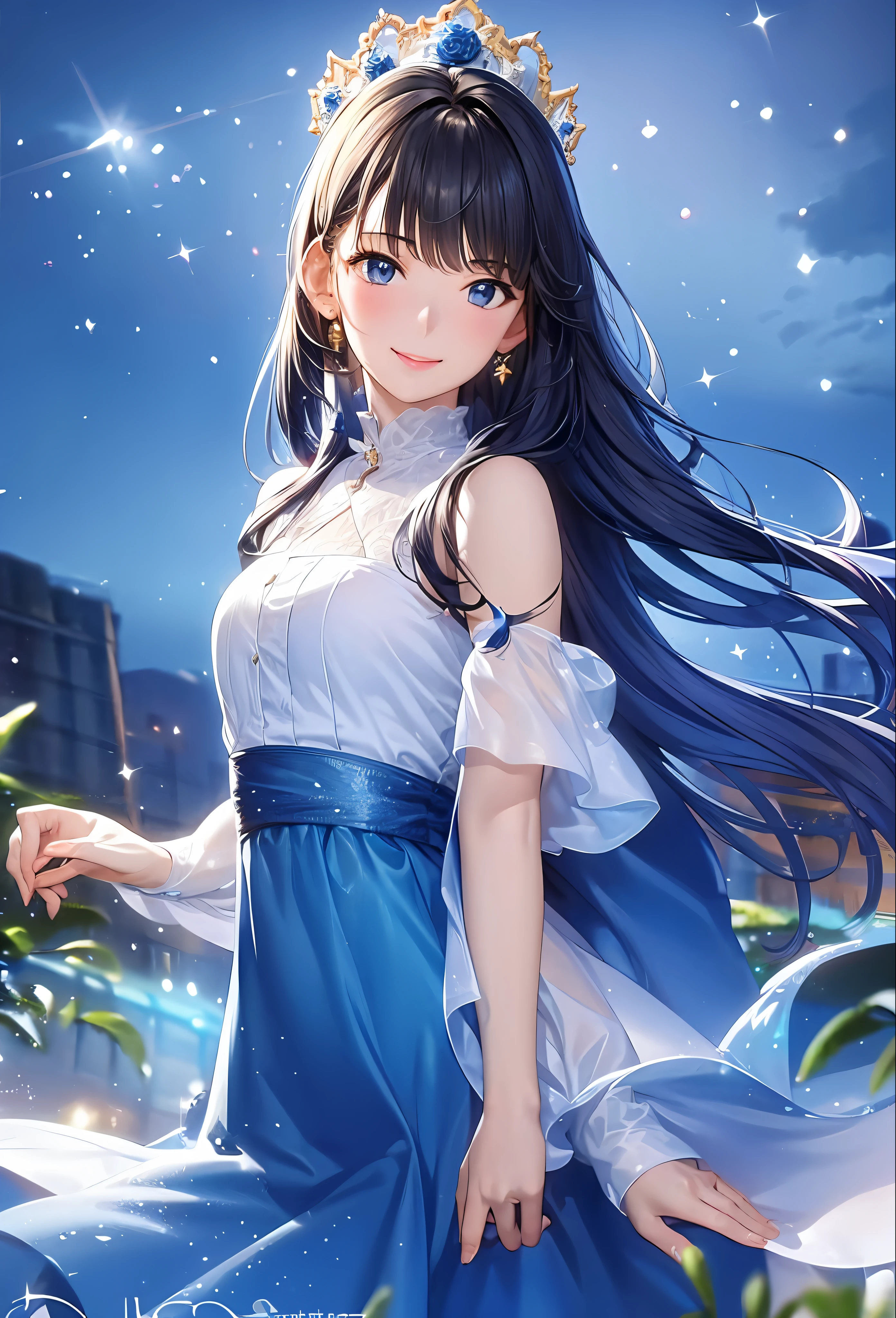 (8k, top quality, masterpiece: 1.2), (realistic, photorealistic: 1.37), super detailed, girl alone, cute, solo, midnight, beautiful detailed sky, detailed café, sitting, dating, (blush), (smile: 1.15), small breasts (mouth closed), beautiful fine eyes, floating hair NovaFrogStyle, back open dress, blue rose accessories, Blue rose background
