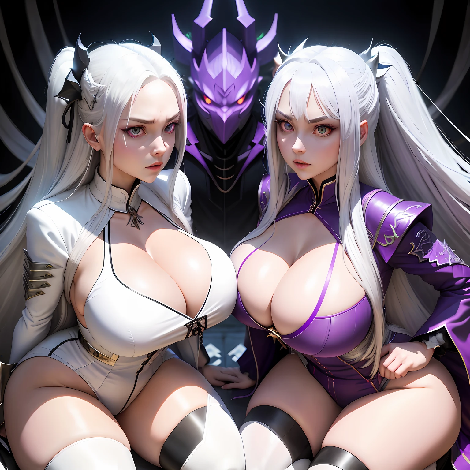 long white hair,Purple eye,Silver Dragon Horn,long leges,huge tit,Beth,white straitjacket,Kneel,Perfectly symmetrical figure,sharp look,Mean streak,big breasts enchanting,Cleavage is seductive,soio