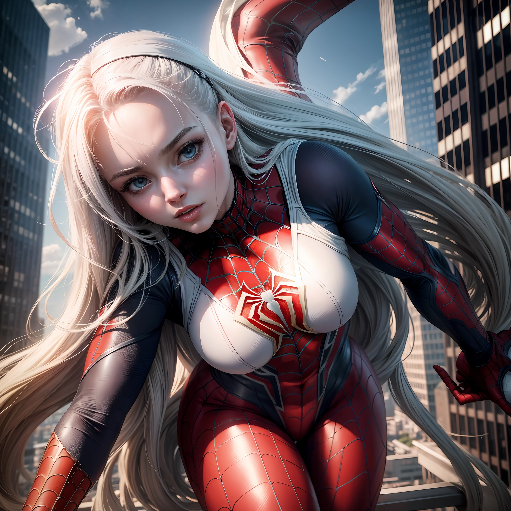 4k, realistic, carismatic, very detail, there is a girl on top city, wearing spiderman costum, she is a spiderman, white super hero theme, white long hair, 25 years old, full body