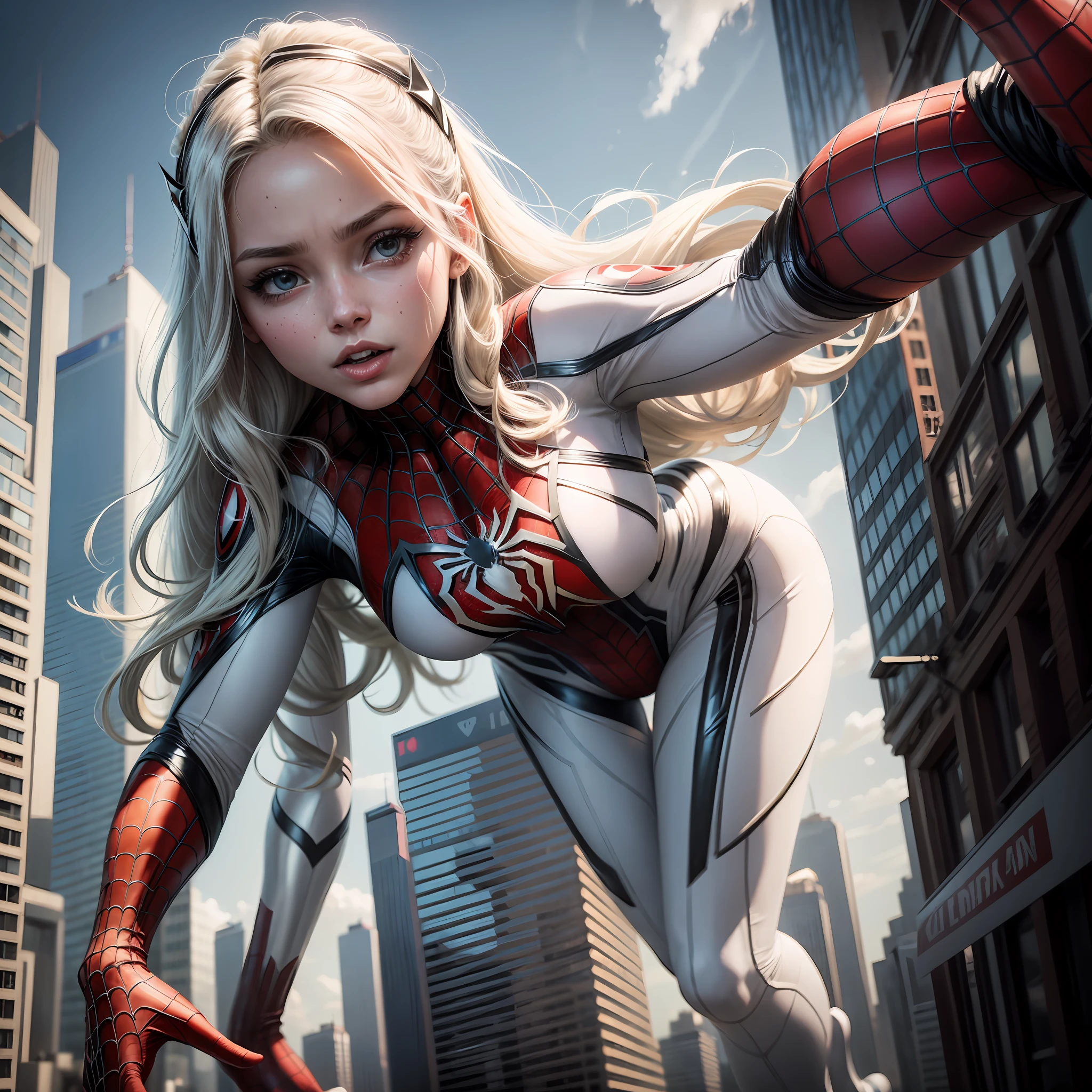 4k, realistic, carismatic, very detail, there is a girl on top city, wearing spiderman costum, she is a spiderman, white super hero theme, white long hair, 25 years old, full body