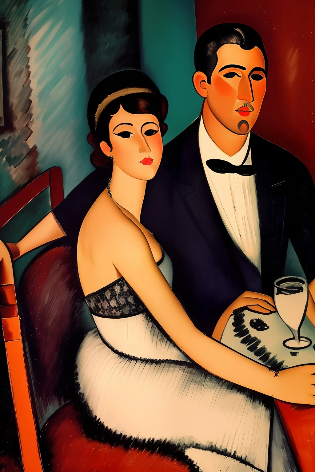 Crazy party in a cabaret in Paris in the early twentieth century, los invitados son ((characters from the works of Amedeo Modigliani seated according to the composition of the image to be generated , otros personajes de pie en el fondo o a los lados))cinematography lighting, ultra detallado, Pintura digital, Artstation, arte conceptual, Suave, foco nítido, illustration, (piel alta y detallada:1.2), 8k UHD, DSLR, Soft lighting, alta calidad, Film grain, Fujifilm XT3 mix4 Wildstyle RAW foto,