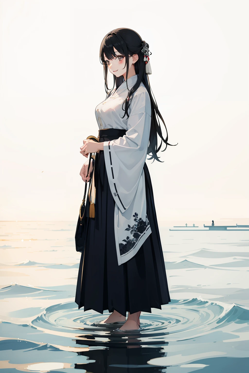 traditional ink painting、Smiling Woman、Standing by the water、flered skirt