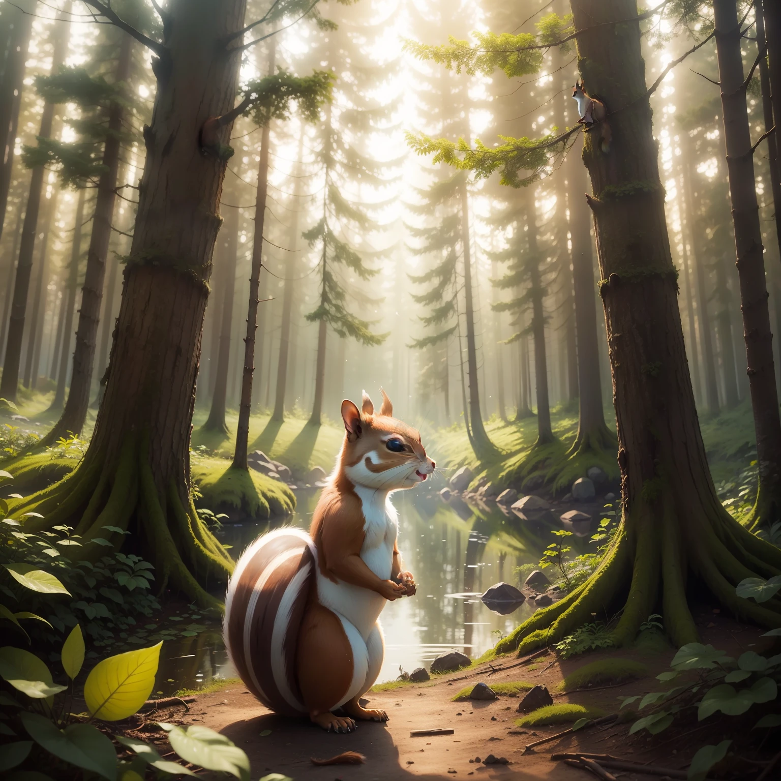 1 squirrel in a clearing near a lake, mystical forest, enchanted forest, mystical forest