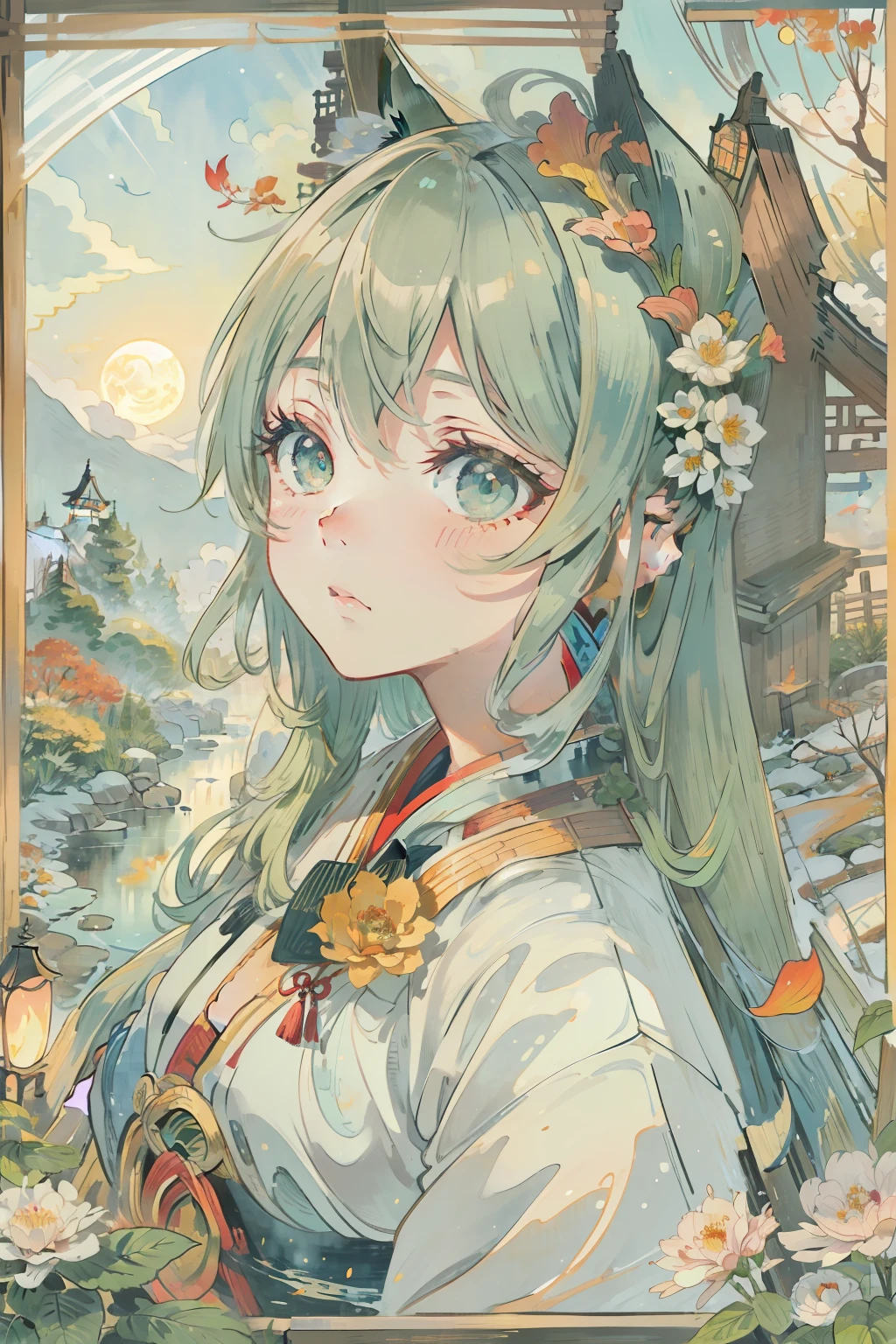 1girll，（fox ear：1.1），shirakami fubuki，looking at viewert，jewely，ribbon，Ribbon sleeves，long whitr hair，white colors，Aqua green eyes，watercolor paiting（curly），colorized pencil（curly），green bow，（Blue rose:1.1), 耳Nipple Ring, mont, eventide, fall leaves, ((Autumn)), Hanfu, ​​clouds, east asian architecture, The bird, face expressionless, Buildings, Red rose, rosette, Yuki, snowflower, firey, (Nagisa Mito:1.2 ), Skysky, blue-sky, Red Moon, fox tails, kitsune mask, reddress, dampness, Sateen, Eau, flor branca, blueflower, yellowflower, meteors, starrysky, The tree, Green background, rainbowing, bloods, Casa，the street，（rios：0.8），（the ocean：0.8），（waterfallr：0.8），Hands are not displayed，Ears are not shown，lamp post，lamp lights，（the night：1.255），hitodama