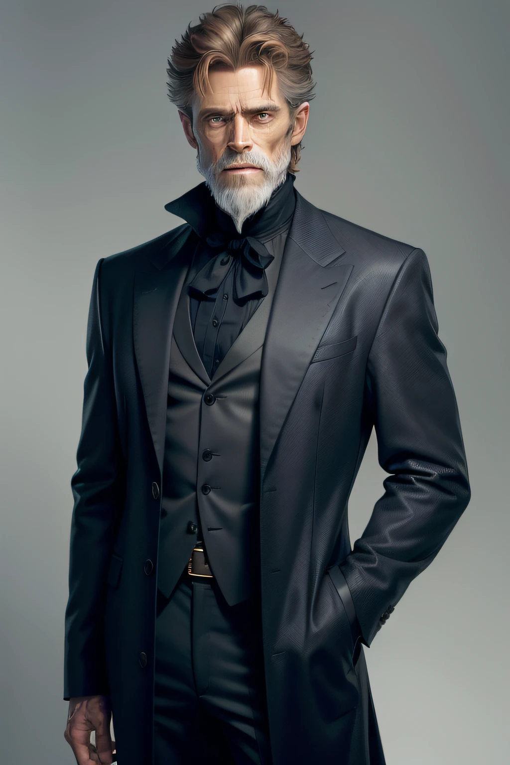 1 male face lookalike of actor Willem Dafoe with short hair and gray beard. The man wears an outfit inspired by the wizard Merlin. Clothes are black.
