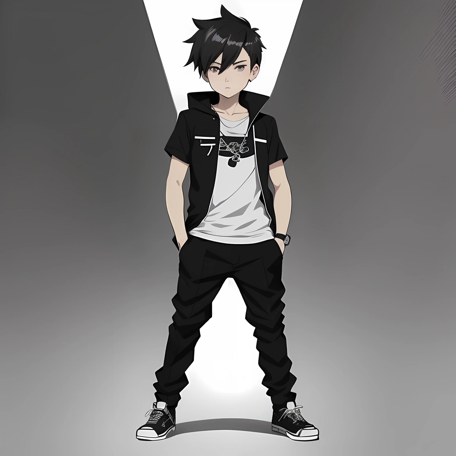 Cartoon boy in black and white standing with his hands in his pockets, Single character full body, anime style character, full body single character, Flat anime style, anime set style, Anime boy, Anime Stylization, full body portrait of a short!, Anime style. 8K, young anime man, highly detailed character, Male anime style, anime full body illustration