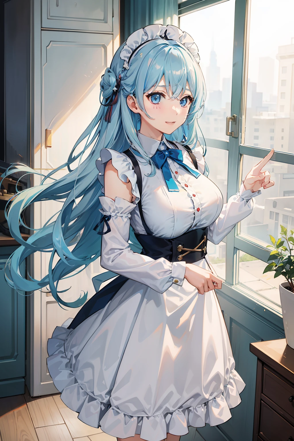 One Girl、semi long hair、Light blue hair、big breasts、maid clothes、Laughing。is standing。