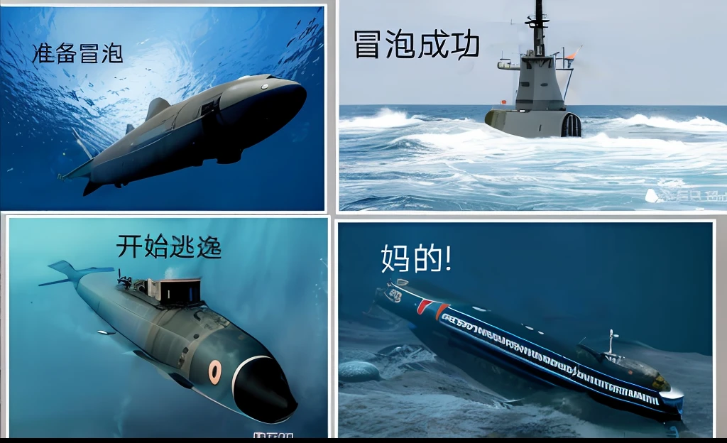 Arafard image of submarines and submarines in the ocean, attacked submarine in background, submarine, In nuclear submarines, Undersea camera image,