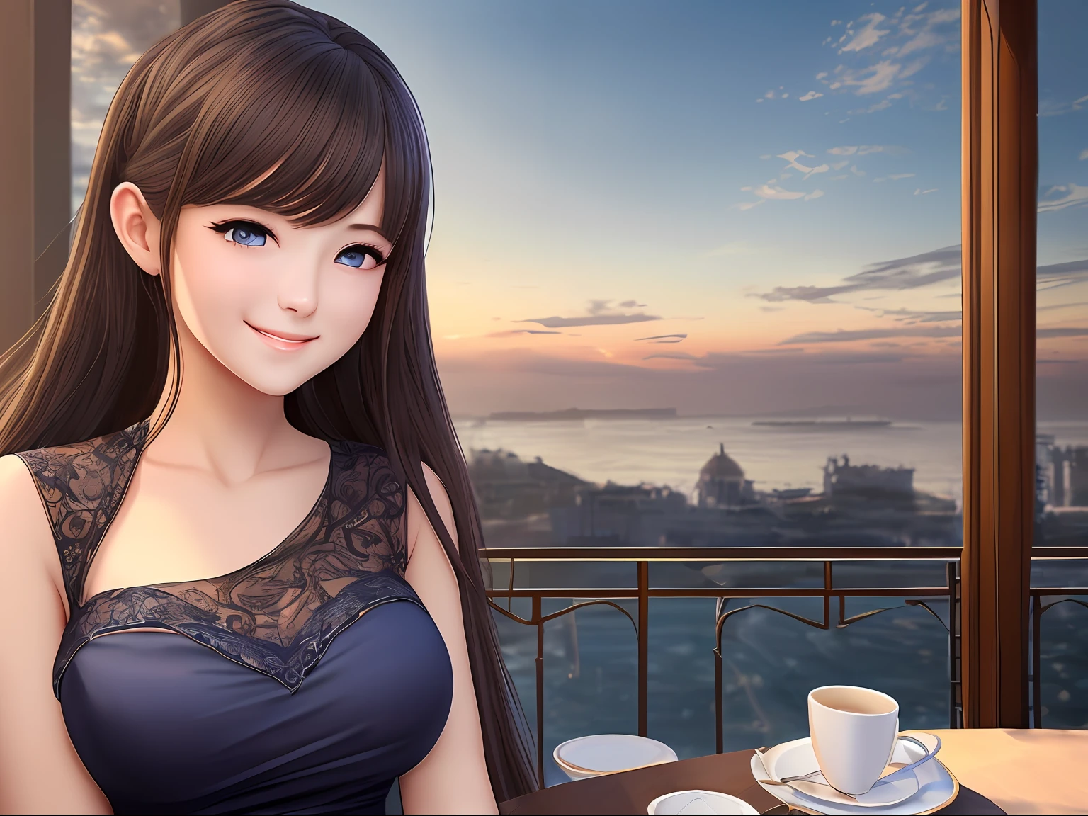 (8K, Best quality, Masterpiece:1.2), (Realistic, photo-realistic:1.37), Ultra-detailed, 1 girl,Cute, Solo,midnight,Beautiful detailed sky,Detailed Cafe,Sitting,dated,(nose blush),(Smile:1.15),(Closed mouth) Large breasts,Beautiful detailed eyes,Floating hair NovaFrogStyle,Backless dress --auto
