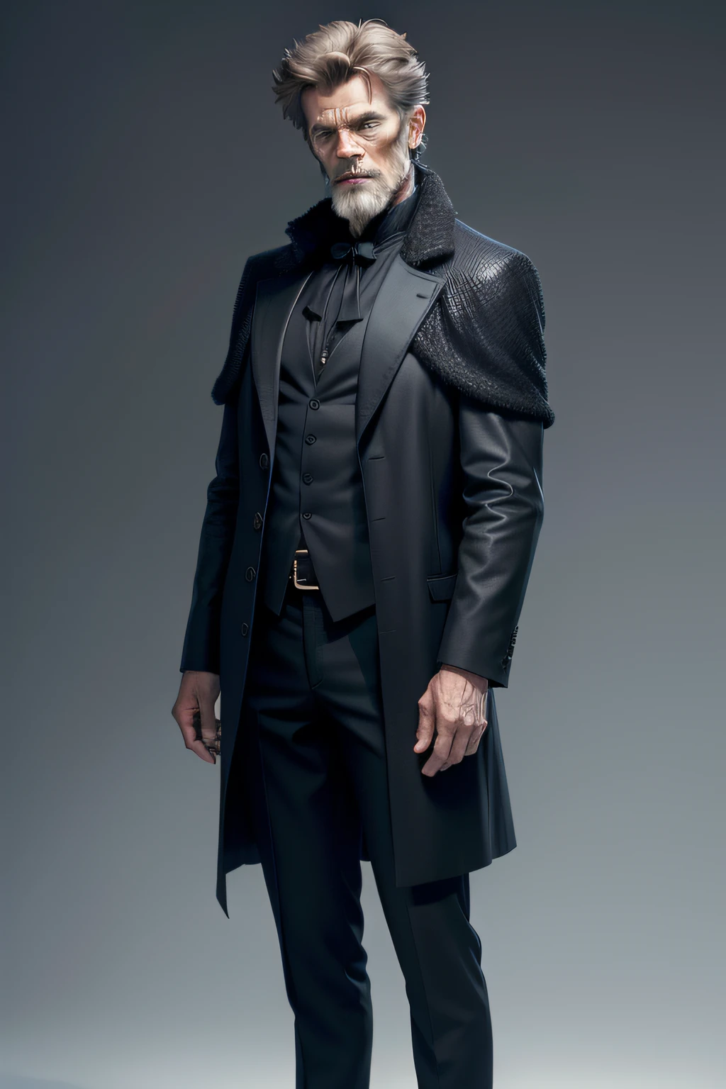 1 male face lookalike of actor Willem Dafoe with short hair and gray beard. The man wears an outfit inspired by the wizard Merlin. Clothes are black.