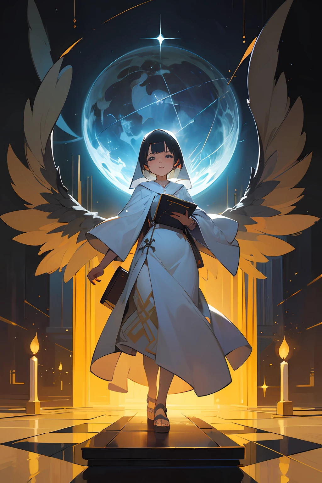 Sandals，Grey long dress、robe，Short black hair、Priest、Geometric pattern，abajour、Solarium at night、intergalactic、sacredness、dignity，refinement，Exquisite painting，Lovely digital painting，digital art in anime style，style of anime。8K，a beautiful artwork illustration，adorable digital art、wingspan、old book
