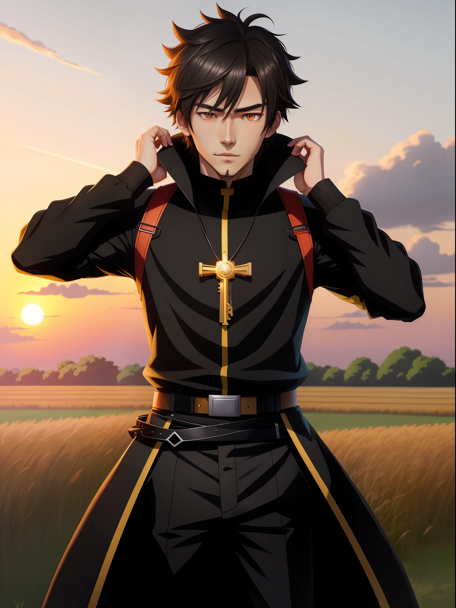 Anime boy in rye field with sunset background, Anime handsome man，brunette color hair，blackigeyes，black-clad, Anime portrait of a handsome man, Official illustration, offcial art, young anime man, Key anime art, Smooth anime CG art, inspired by Okumura Togyu, inspirado em Okumura Masanobu, Kazuto Okada。, hana yata, Handsome anime pose