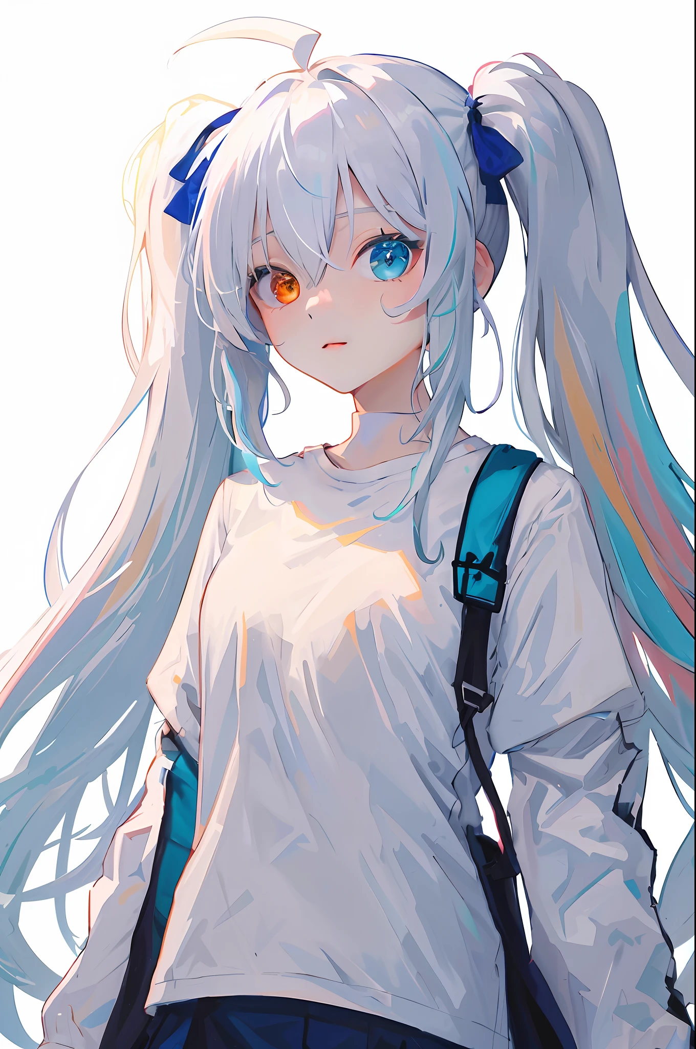whaite hair,dual horsetail,Beautuful Women,bit girl,adolable,The left eye is orange,The right eye is blue,offcial art,Unity 8k wallpaper,ultra - detailed,Aesthetics,tmasterpiece,best qualtiy,realisticlying,illuminating,Frankness,photore,A high resolution,4K,8K,Bokeh,Photo level