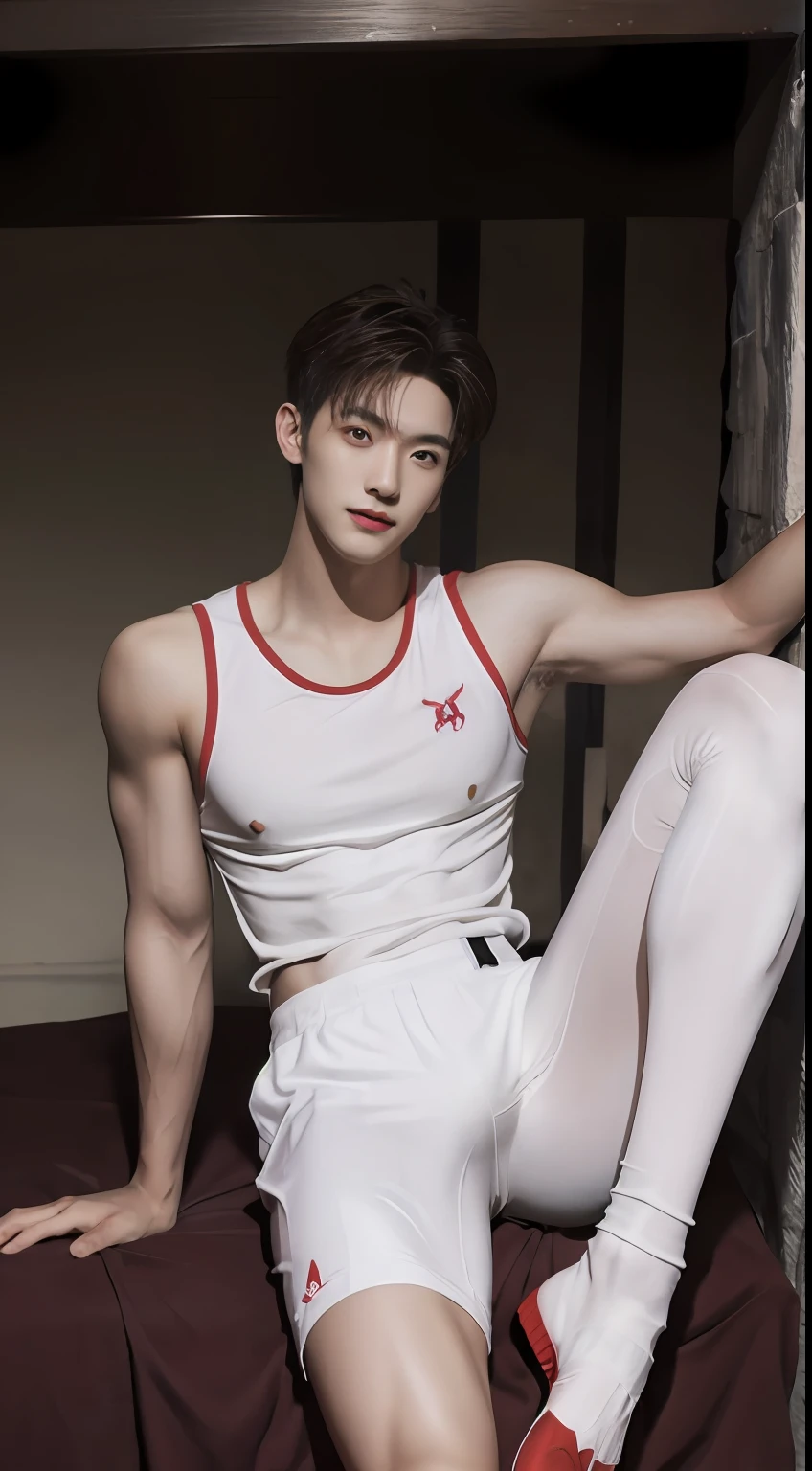 (A lovely Shota:2),(Colored screen:1.2),Solo,(full bodyesbian:3),(Stay away from the lens:3),(Expose your legs and feet:3),(revealing the whole body:5),(Heads-up view:1.2),malefocus,looking at viewert, old,(Tall:3),(Tall guy:2),Super tall,(Height 300 cm:2),Excellent body proportions,9 head-to-body ratio,(The shoulders are 5 times wider:1.2),(Slender slender legs:2.5),Slender feet,Normal extremities,Small head,musculous,(Lovely and pretty:2),(The face of an anime man),(Very detailed beautiful face and eyes:2),(Big bright eyes:1.2),Sharp eyeliner,Clear and beautiful face,short detailed hair,(Correct facial features),(tilts your head:1.5),(having fun,grinning smile),(Red metal Spider-Man set:2),white legwear,(Muscle firming:2),Strong,Super strong,(Wide shoulders and narrow waist:2.2),Sports men's socks,Detailed muscle texture,Highlights muscle structure,On the sports field,(sitted:4),(full length shoot),Full leg bare,ultra-realistic realism, (Photorealistic detail), Incredible accuracy, lifelike textures, masterful technique, Jaw-dropping precision, artistic dedication,(anatomy correct),Good lighting,exquisite detailing,Best quality,stunning masterpiece,CG