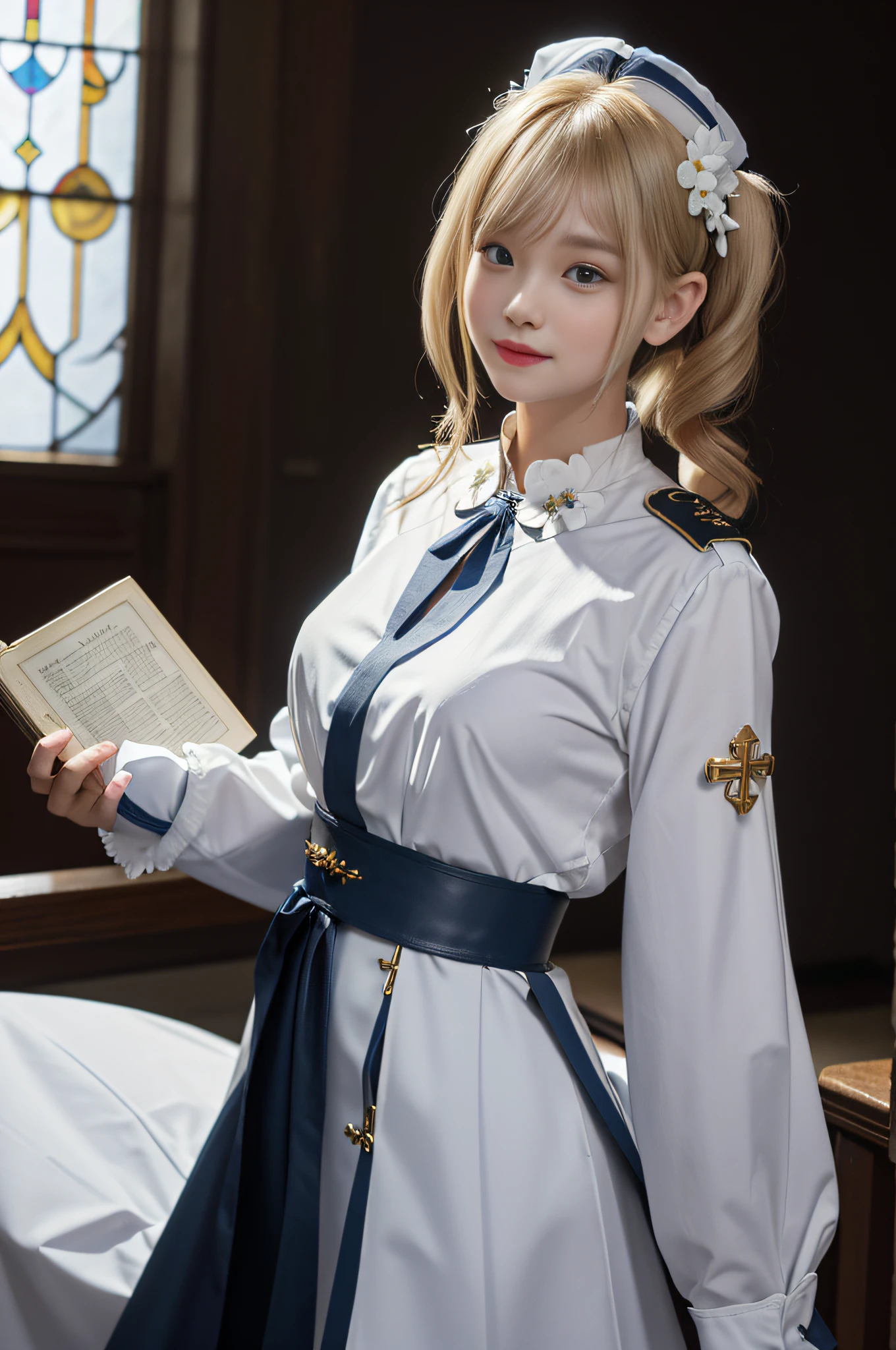 (((19 years old))), Blue Eyes, Golden Hair, ((Golden Hair)) ((Beautiful hair quality))(Shiny hair)),(See this with the camera)),Nikon Z Series,Blue and white priest uniform with chest mounds visible., Beautiful chest mound, Priest uniform, white and blue Ribbons on the chest, (A leather sash hung with a magic book), (wearing a small white hat with a black border There is a cross in the middle of the hat), (wearing a large blue and white bow on the shirt in the middle of the chest), (Golden frame green magic book In the center of the book was a spherical blue water crystal), Concave neckline shirt overlooking the chest, (AKB 48),(piercing),((Tie her hair with white flowers ribbons)),(side ponytail), Golden Hair, (I tie 2 sides in the corrugation),(Smiles),((Roman Church)), The people behind it, Church in the background,lighting,High Quality,masterpiece,ultra-high resolution,(photorealistic portrait:1.4), light smile, Very detailed and professional.