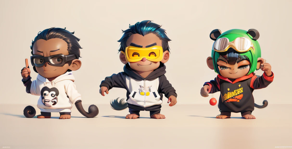 Make chimpanzee cartoon characters，Black skin，Forehead protector, Raised eyebrows, Smile, Smug, goggles on head, Wide eyes, Colored inner hair, Blind box toy style, Anime, by Pixar, Anime, anaglyph, ccurate, A high resolution, Best quality，Hoodies，big headed