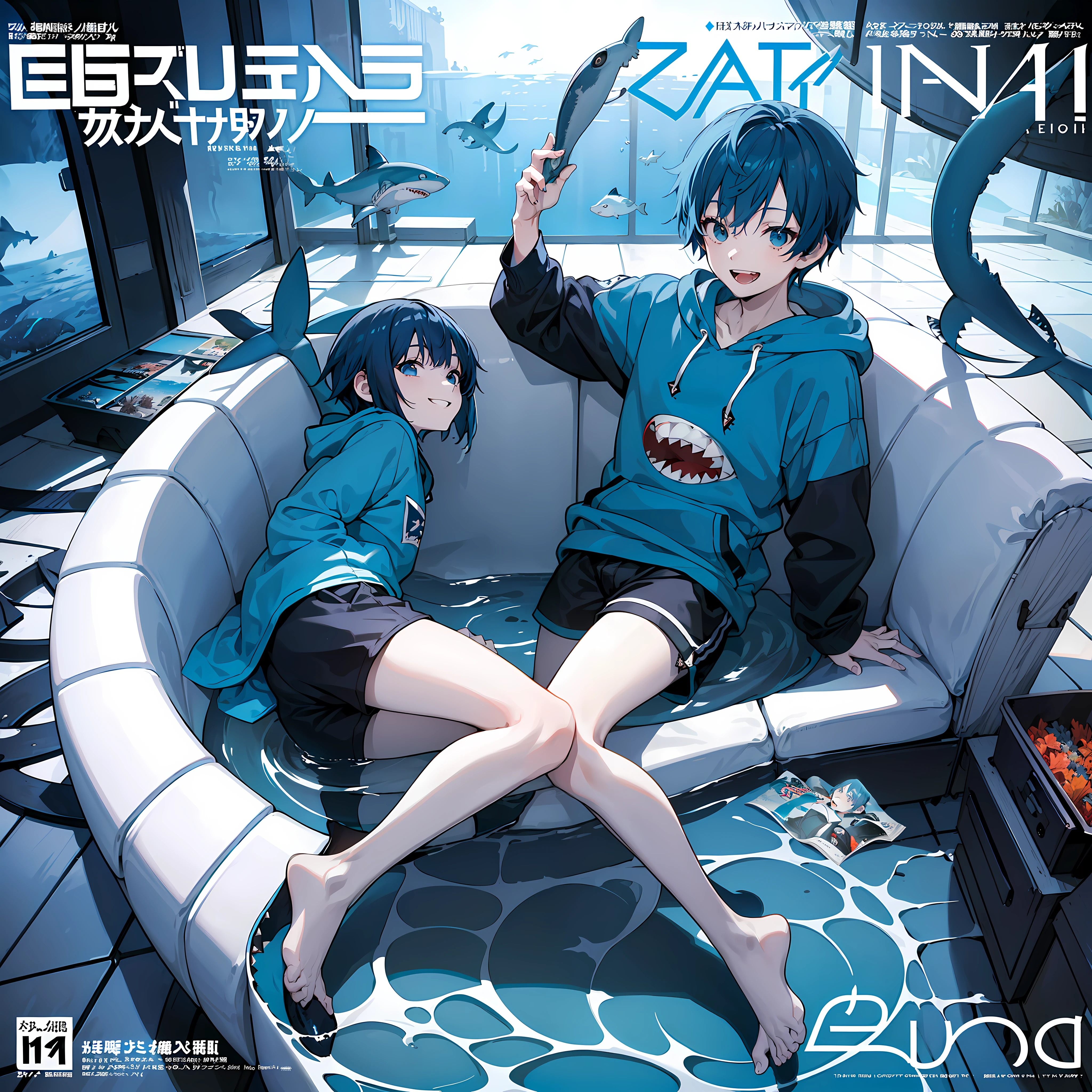 masterpiece, best quality, full body, (1boy), (Wearing a blue shark tail hoodie), (smiling shark teeth),(Boy Messy Japanese Round Haircut for Thick Hair), (blue hair), black shorts, ((solo)), (magazine:1.3), (cover-style:1.3), fashionable,Under water, (in side tunnel aquarium),