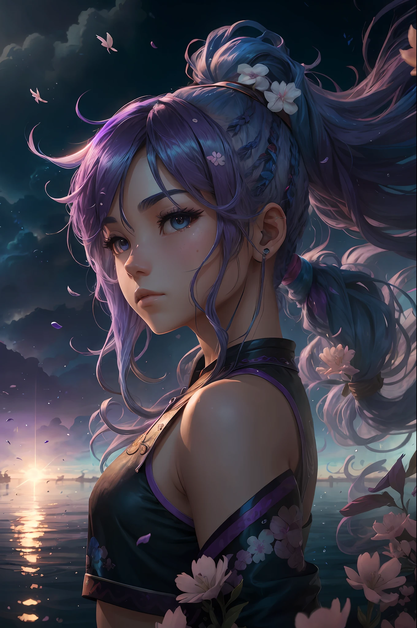 solo, beautiful female, wuxiaworld, wind blow, blossom, on the fog road, multicolored hair, blue hair, purple hair, ponytail, long hair, lonely, ray tracing, reflection light, depth of field, partially underwater shot, framed, multiple views, polar opposites, close-up, cowboy shot, masterpiece, best quality, high details, high quality, ccurate, textured skin, UHD --auto