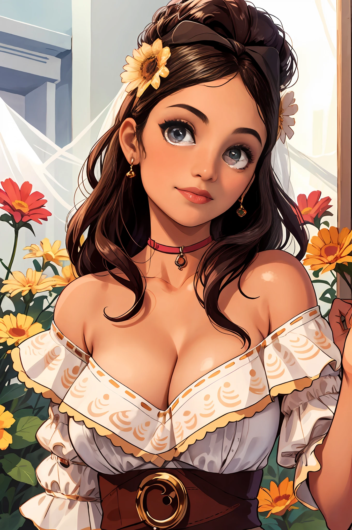 perfect well-designed eyes, piel morena, hermosa, hermosa, flores, Studio lighting, dolores madrigal from encanto, tetas grandes, escote