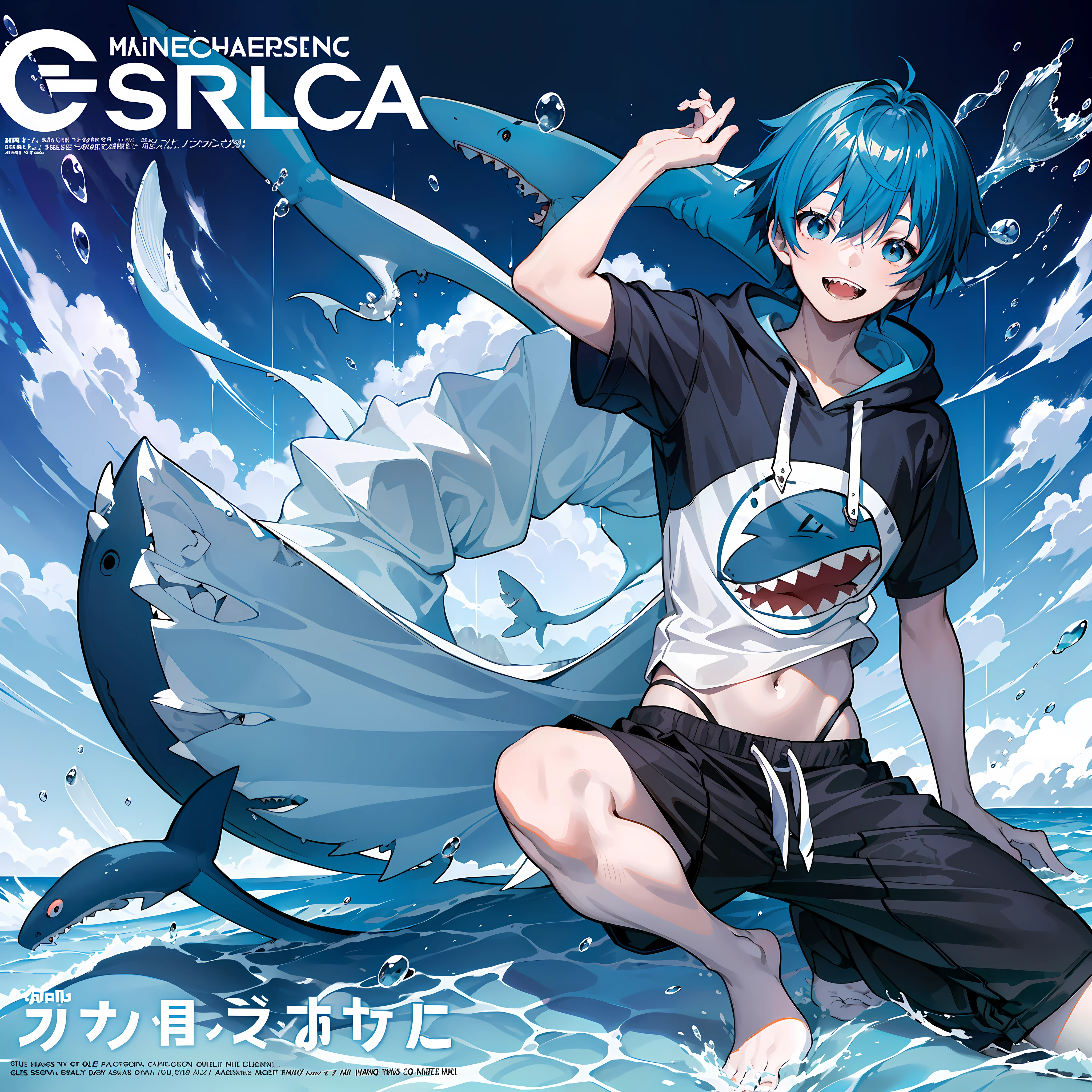 masterpiece, best quality, full body, (1boy), (Wearing a blue shark tail hoodie), (smiling shark teeth),(Boy Messy Japanese Round Haircut for Thick Hair), (blue hair), black shorts, ((solo)), (magazine:1.3), (cover-style:1.3), fashionable,Under water, (in side tunnel aquarium),