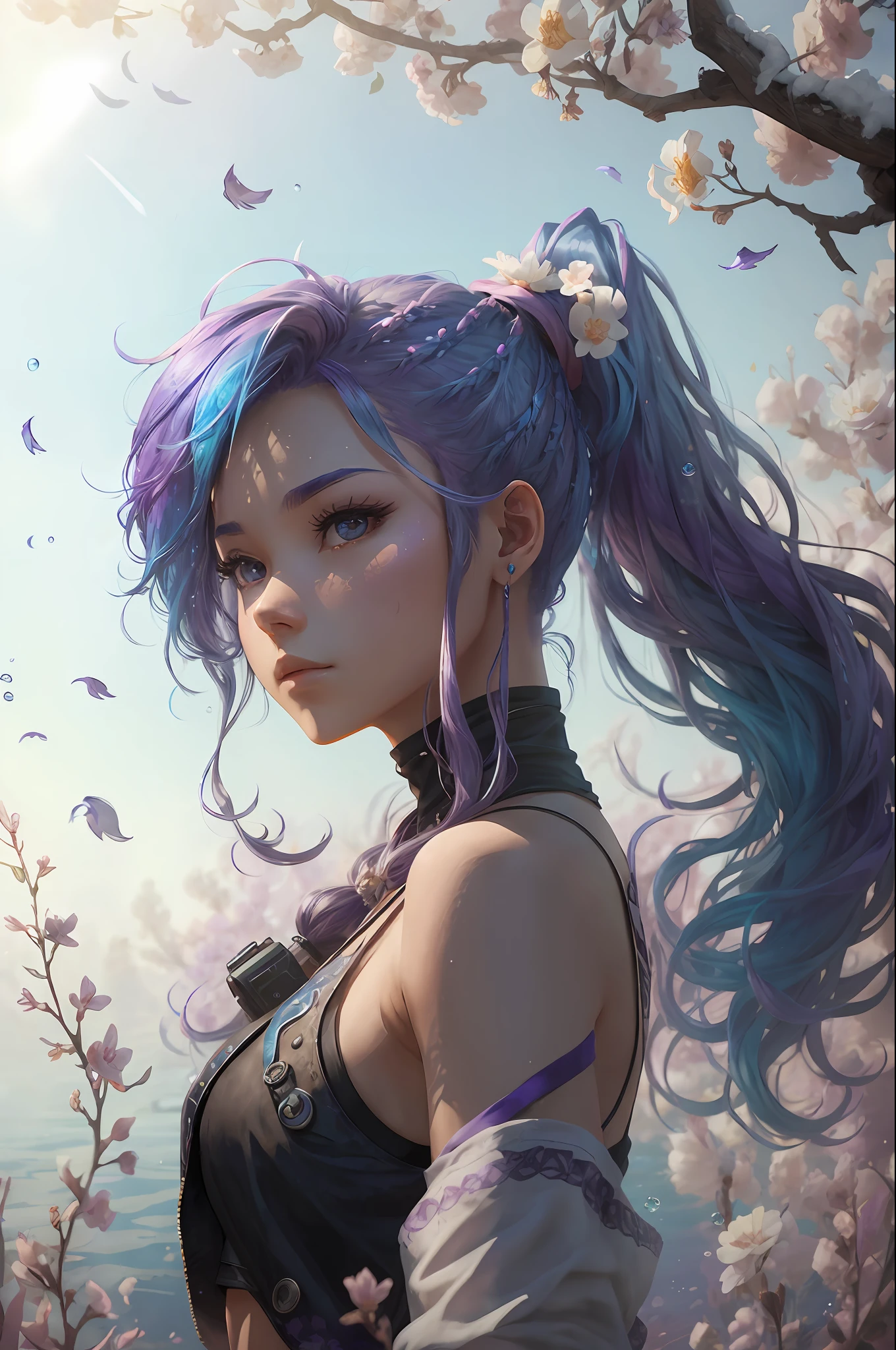 solo, beautiful female, wuxiaworld, wind blow, blossom, on the fog road, multicolored hair, blue hair, purple hair, ponytail, long hair, lonely, ray tracing, reflection light, depth of field, partially underwater shot, framed, multiple views, polar opposites, close-up, cowboy shot, masterpiece, best quality, high details, high quality, ccurate, textured skin, UHD --auto