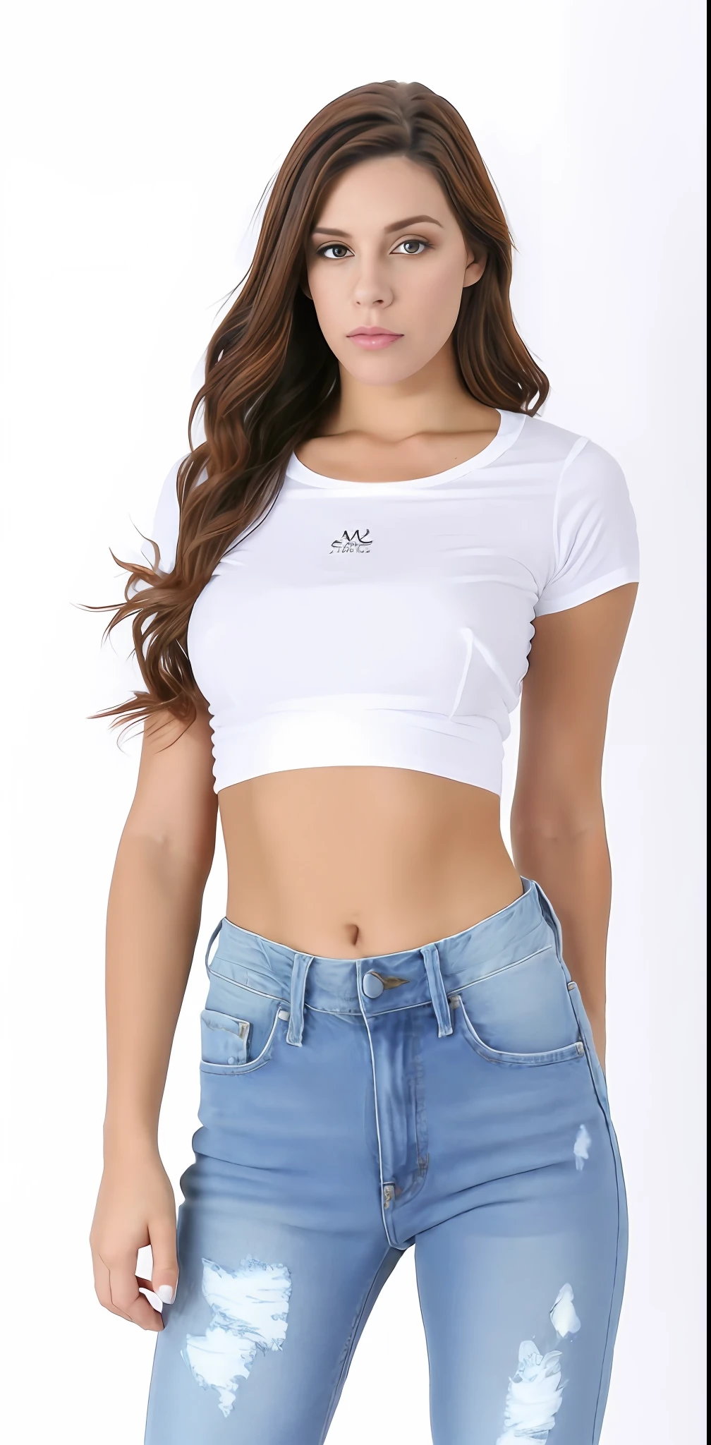 A woman in a white shirt and tight ripped jeans posing for a photo, com corte rasgado t - camisa, Topo de colheita, usando topo de corte, topo de corte, tampo branco, usando um top cropped sexy, usando um top cropped, usando um top cropped, Midriff Nu, midriff exposto, roupas rasgadas, usando um topo de corte, Camiseta Branca Lisa, camiseta branca, jeans apertado