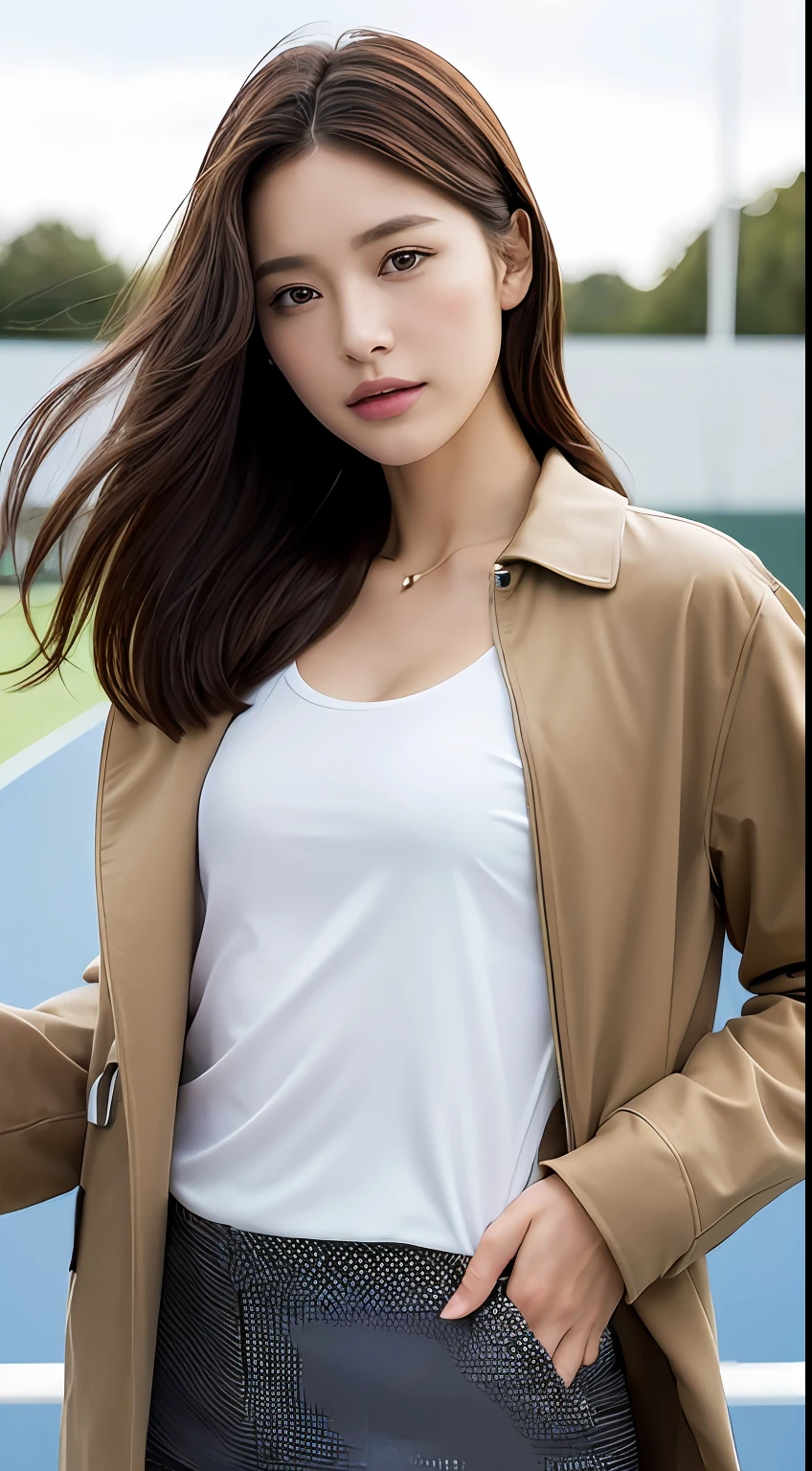 ((top-quality、8K、masterpiece:1.3))、foco nítido:1.2、Beautiful Women in Perfect Style:1.4、Slender Abs:1.2、((dark brown hair、small tits:1.2))、(tennis coat、Tennis Wear:1.1)、Highly detailed facial and skin texture、A detailed eye、二重まぶた