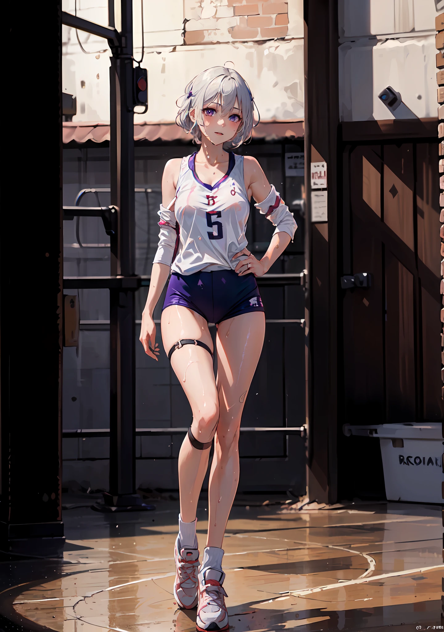 ((((masterpiece, best quality, high resolution)))), 1girl, white hair, purple eyes, short wavy hair, average breasts, blush, light smile, parted lips, glow, thighs, bare shoulders, collarbone, narrow waist, cleavage, (beautiful detailed face, beautiful detailed eyes), volleyball court, sweat, wet clothes, see-through