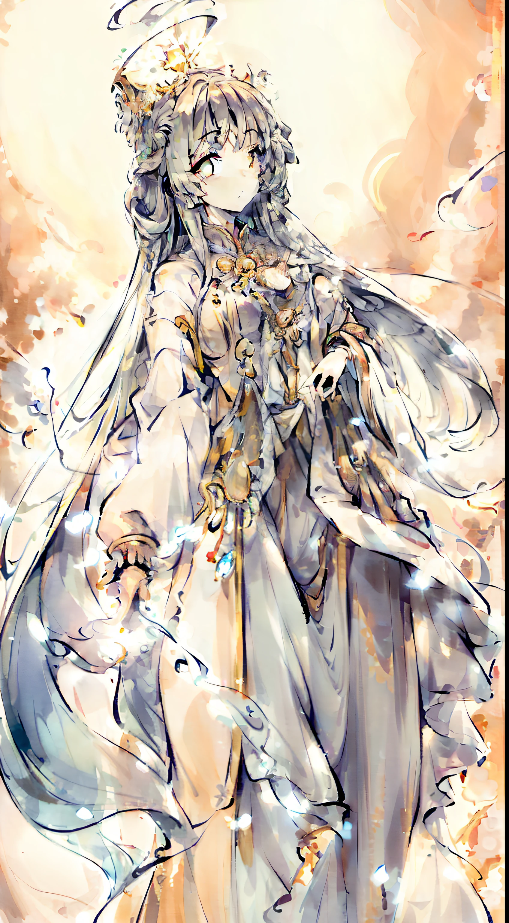 (masterpiece:1.5) highlydetailed, (goddess:1.2), (wings:0.5), heavenly, (floating:0.8), (golden halo), (long flowing hair), (ethereal:1.2), (soft colors:0.5), (heavenly light), (serene expression), (flowing gown), (peaceful atmosphere), (angelic:0.8), (glowing:0.8), (wisdom:0.7)