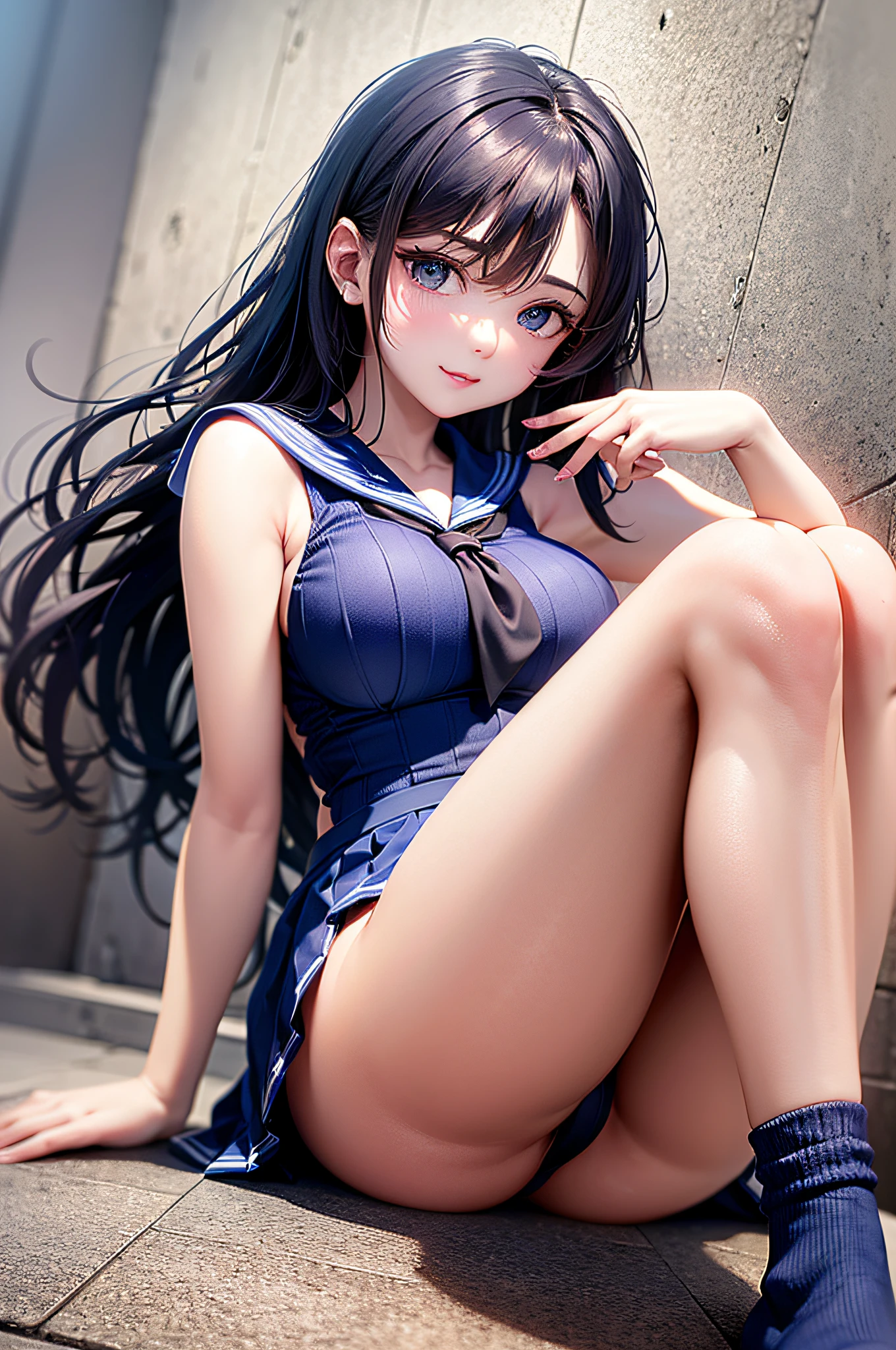 (masterpiece)、(best qualtiy)、(ultra-detailliert)、(a high chroma)、((Anatomically correct hand))、detailed skins、foco nítido、(Delicate Photos)、highcontrast、(One lady)、(Fine and beautiful eyes)、Delicate beautiful face、((a sailor suit))、((Dark blue pleated skirt、Blue sailor color))、((Black stockings))、(dishevled hair)、(B cup breasts)、sit with your legs spread、Fashion Model Pose、Floating in the air、((The best lighting))、simple background