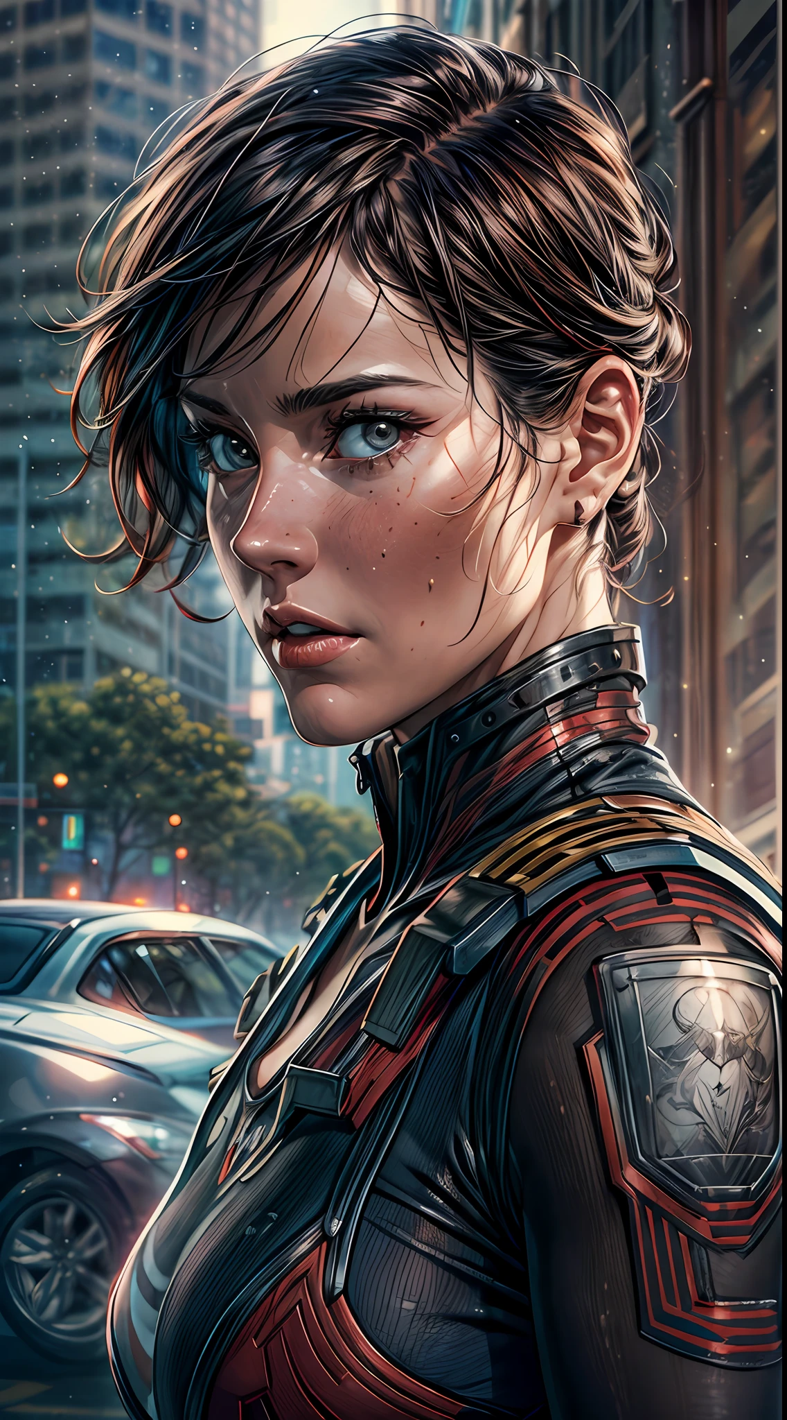 (RAW Photo, Best Quality), (Realistic, Photorealistic Photo: 1.3), Best Quality, Highly Detailed, Masterpiece, Ultra Detailed, Illustration, marvel cinematic universe, marvel, Cobie Smulders, beautiful Queen Maria Hill, the skilled S.H.I.E.L.D. agent, poses with a commanding presence and unwavering determination, background should be epic, upper body, high detail on dress, Best Quality, Extremely Detailed CG Unified 8k Wallpaper, Ink, Amazing, badass look, portrait, close up (skin texture), intricately detailed, fine details, hyperdetailed.