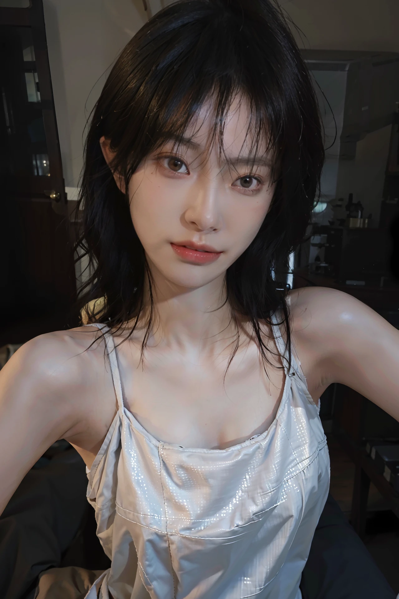 8K, Best Quality, Masterpiece, Ultra High Resolution, (Realism: 1.4), Original Photo, (True Skin Texture: 1.3), (Film Grain: 1.3), (Selfie Angle), 1 Girl, Beautiful Eyes and Face Details, Masterpiece, Best Quality, Close Up, Full Body,