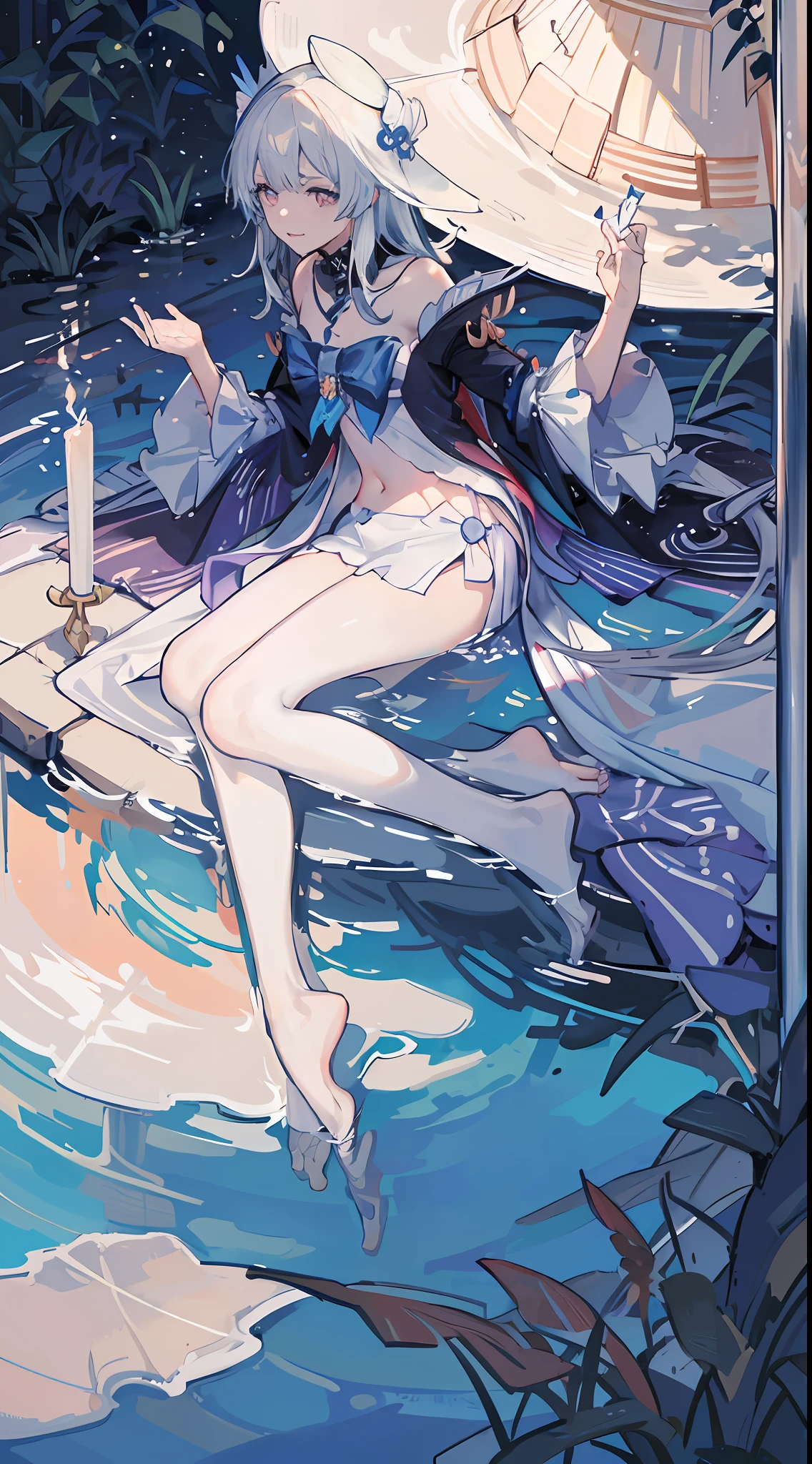 1girll，Straw Hat Hat，white swimwear，比基尼，Bare belly，Long messy hair，short transparent dress，see-through sleeves，A lot of smoke，Exquisite，Elegant colors，high detal，tmasterpiece，ultra - detailed，dynamic angle，Mural background，water ink，astounding，cinmatic lighting，illustratio，lightand shade contrast，The light from the back window is backlighted，God Ray，Best quality at best，Best quality at best