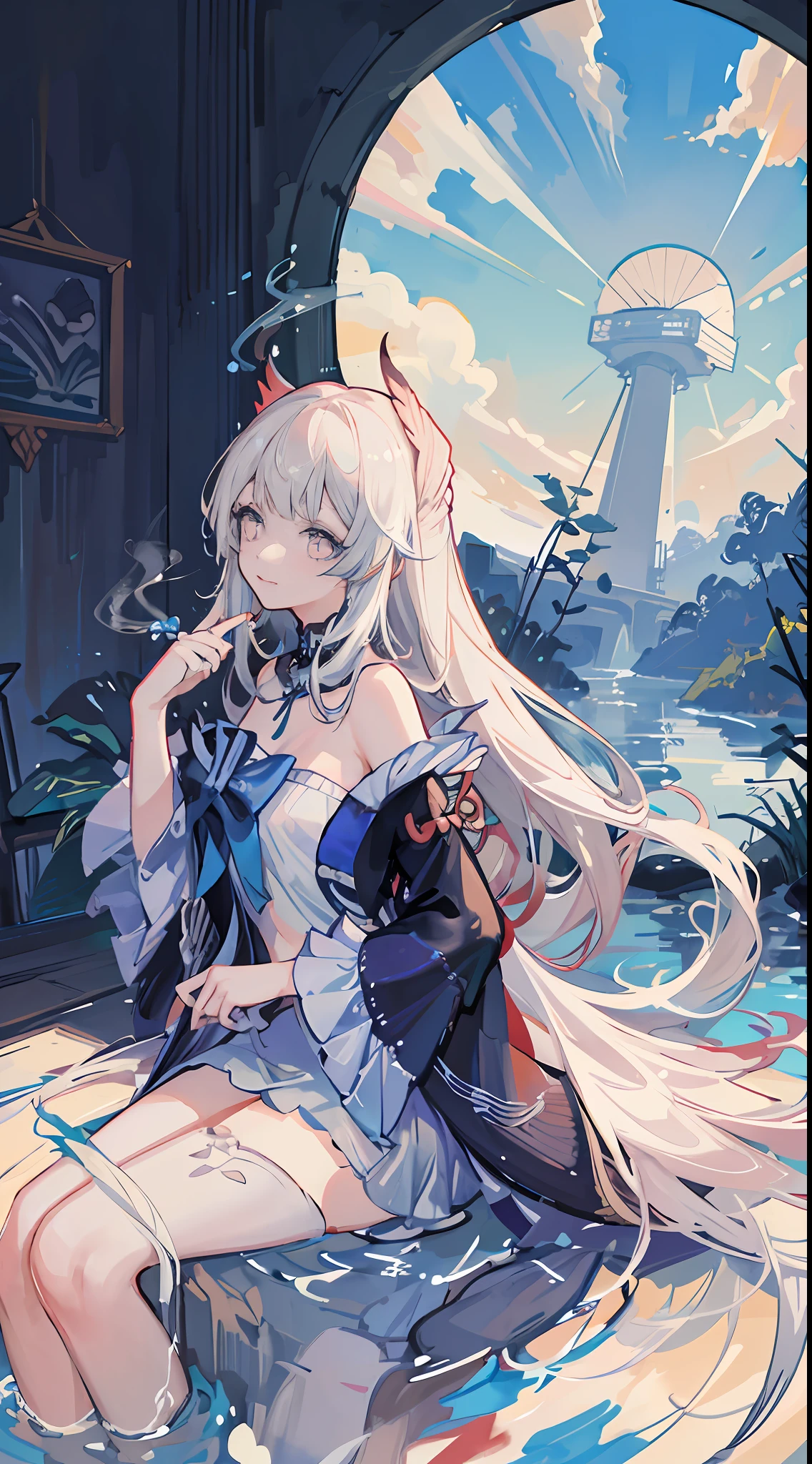 1girll，Straw Hat Hat，white swimwear，比基尼，Bare belly，Long messy hair，short transparent dress，see-through sleeves，A lot of smoke，Exquisite，Elegant colors，high detal，tmasterpiece，ultra - detailed，dynamic angle，Mural background，water ink，astounding，cinmatic lighting，illustratio，lightand shade contrast，The light from the back window is backlighted，God Ray，Best quality at best，Best quality at best