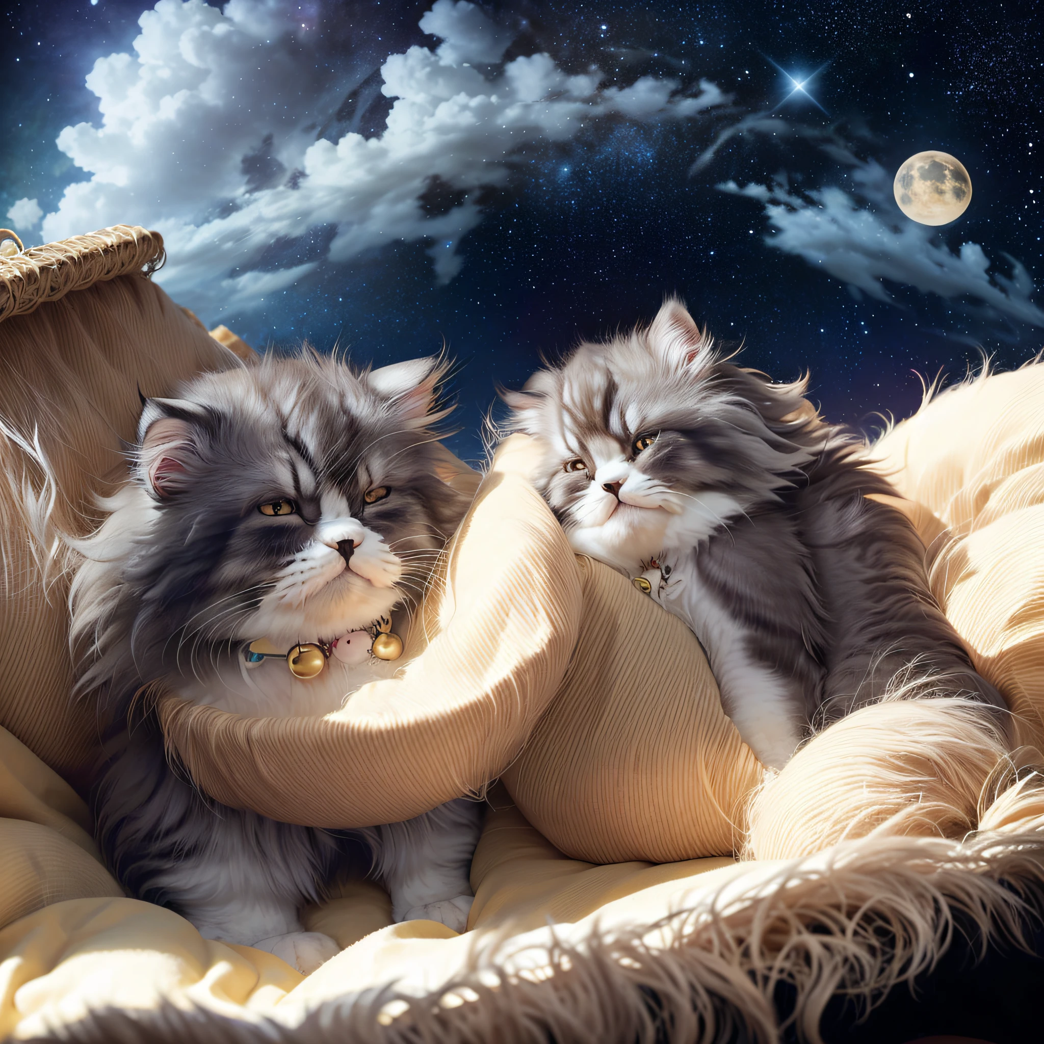 A cute，kawaii，shaggy，Fluffy hair，Persian cat with round eyes，Slept in a small soft bed，The sky is full of stars