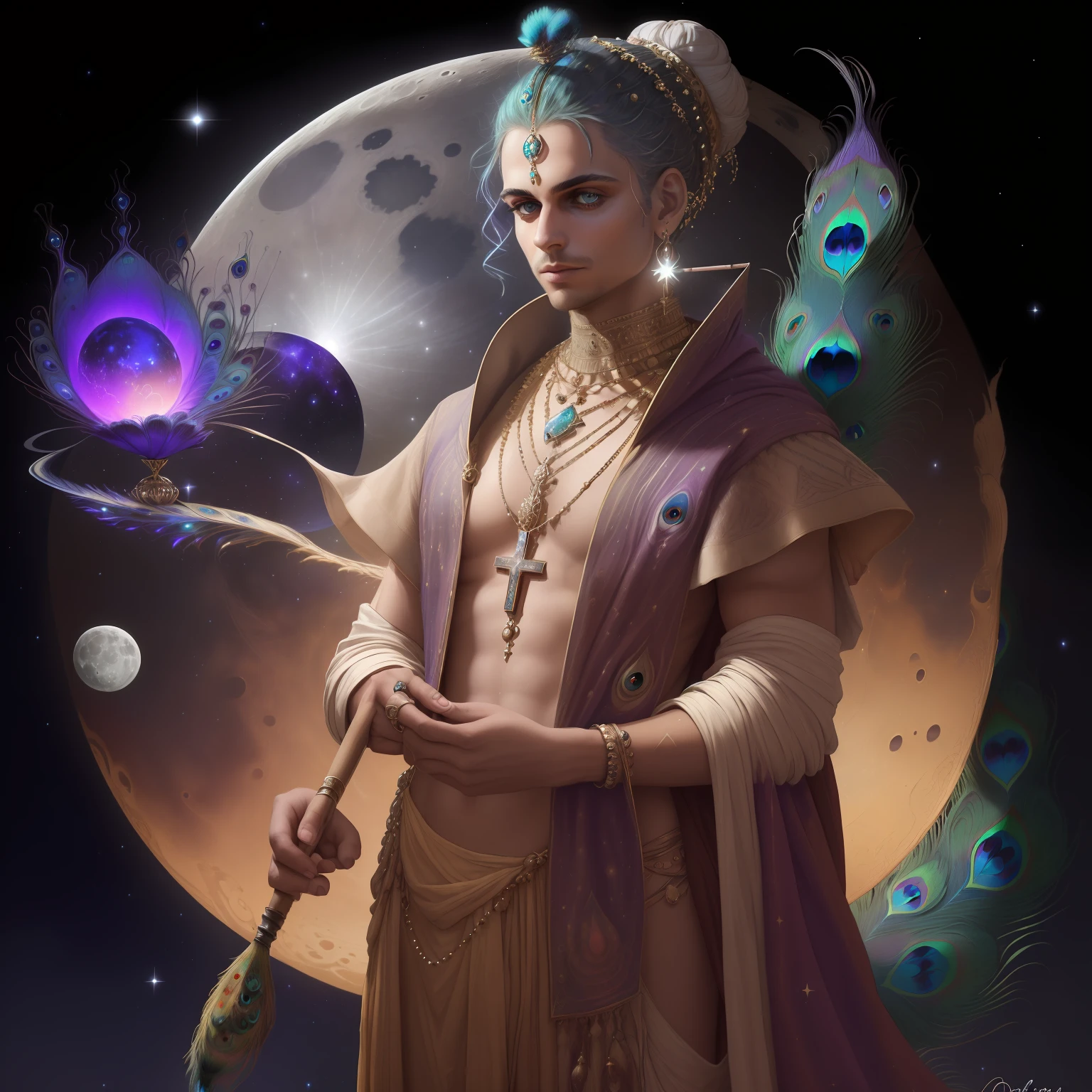 One handsome person is the creator of universe. In his head there is a peacock feather. He is wearing saffron piece of clothing and do have a bun in his fache. In the background there is moon. He have a necklace with cross mark in it. He is holding a painting brush, floating in the galaxy . Futuristic high quality