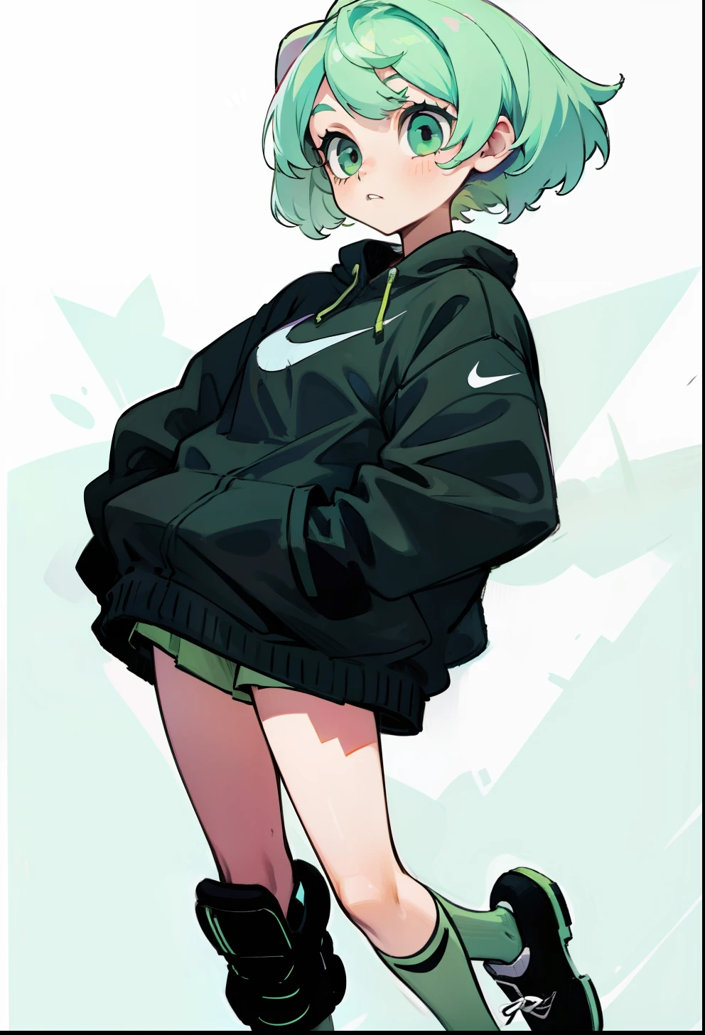 Pastel green hair, 1Girl, Nike Apparel,