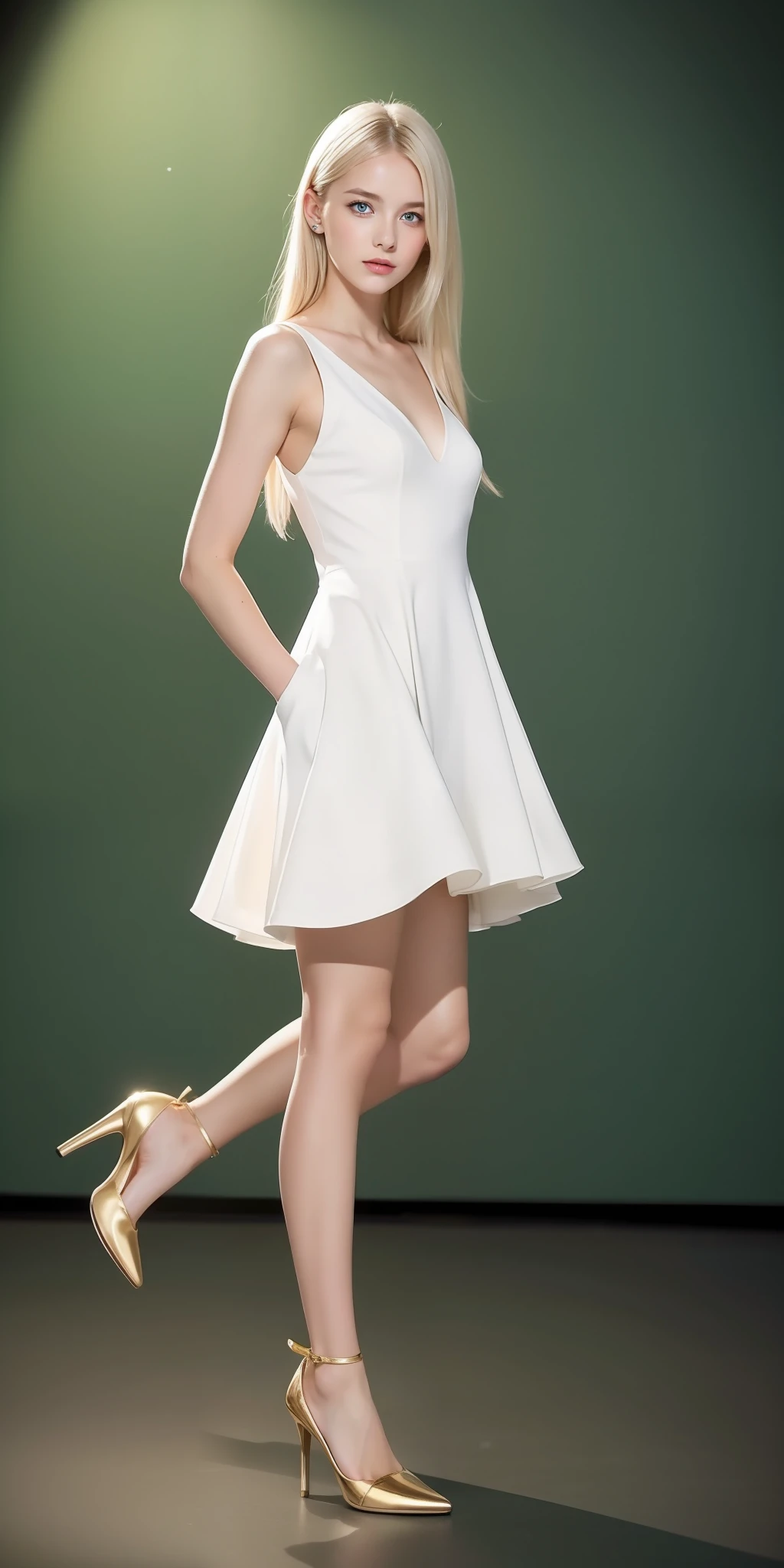 A woman of beauty in a fantastic space, Tight micro dress white and gold color, 98k, {{Masterpiece}}, Best quality, High quality:1.4), {{[[front look}}, eye_contact,Various photo actions)]], very pretty look face, and very pretty eyes, cute images, cute images, {{full body}}, （（Long legs））, {{{{slim sexy body}}}}, （177 meters）, Solo, Beautiful, Lovely, Adorable, Pale skin, {{18to 22 years old German girl}}, look beautiful German girl and blue eyes or green eyes with platinum blonde hair color), Nordic German young girl, {{{{{{{{{{half girl}}}}}}}}}}, {{{{{{{{{{High_Heels}}}}}}}}}},