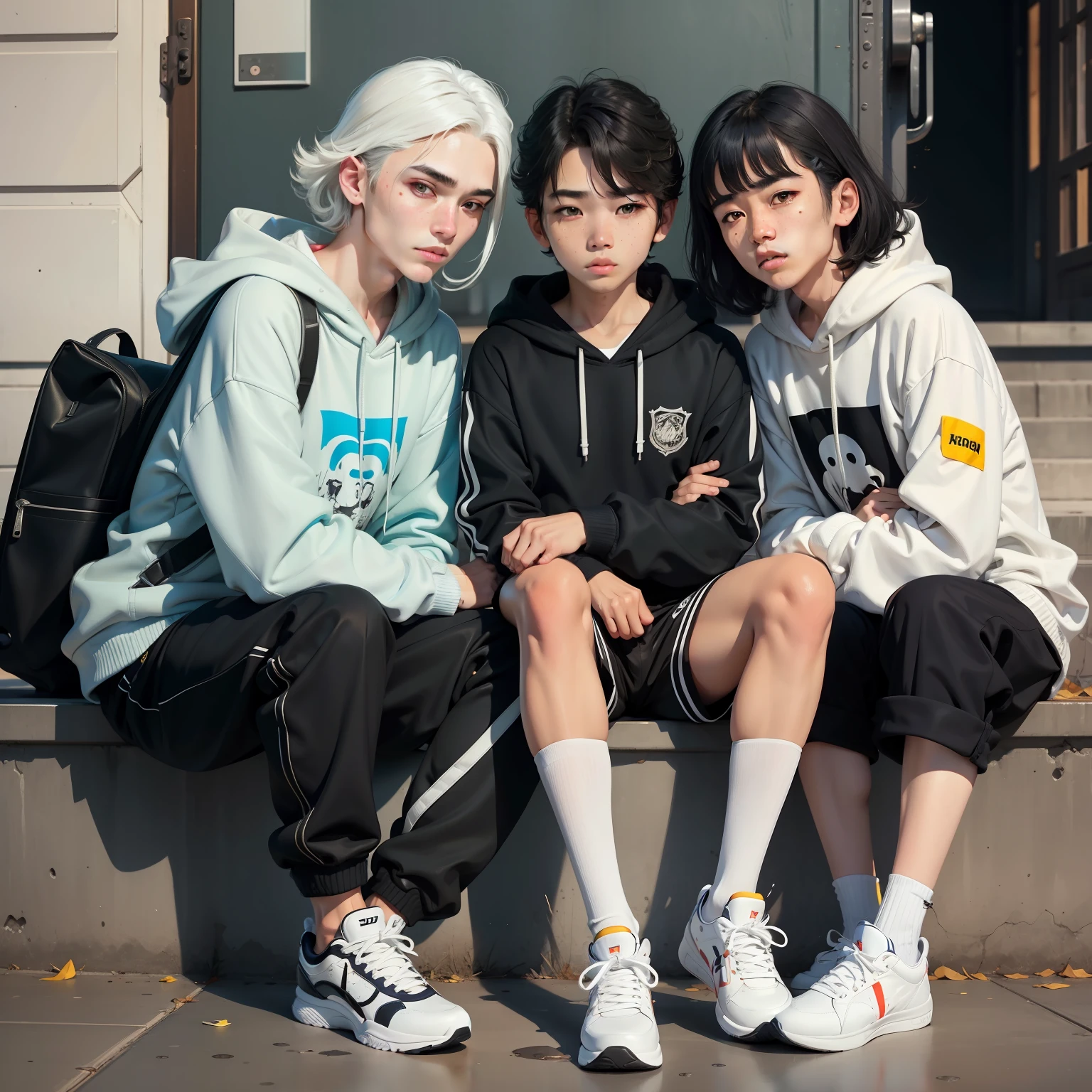 Libido boy，schoolboy，ember，shoun，cabelos preto e longos，middle parted bangs，Yellow-blue heterogeneous pupils，tear-mole，White sweatshirt，Black  shorts，white legwear，White sneakers