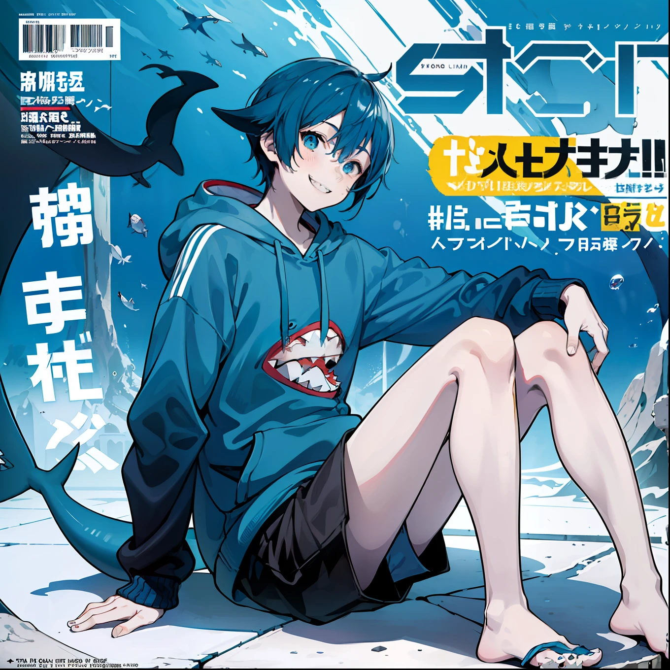 masterpiece, best quality, full body, (1boy), (Wearing a blue shark tail hoodie), (smiling shark teeth),(Boy Messy Japanese Round Haircut for Thick Hair), (blue hair), black shorts, ((solo)), (magazine:1.3), (cover-style:1.3), fashionable,Under water, (in side tunnel aquarium),