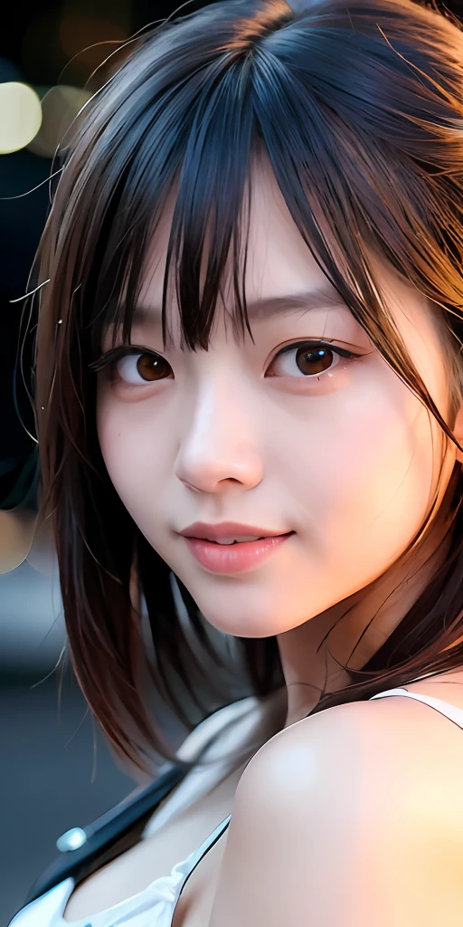 1girl, Tokyo street,night, cityscape,city lights,upper body,close-up,smile,, (8k, RAW photo, best quality, masterpiece:1.2),(realistic, photo-realistic:1.37),