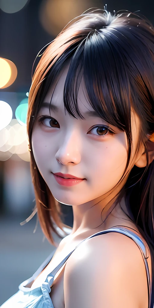 1girl, Tokyo street,night, cityscape,city lights,upper body,close-up,smile,, (8k, RAW photo, best quality, masterpiece:1.2),(realistic, photo-realistic:1.37),