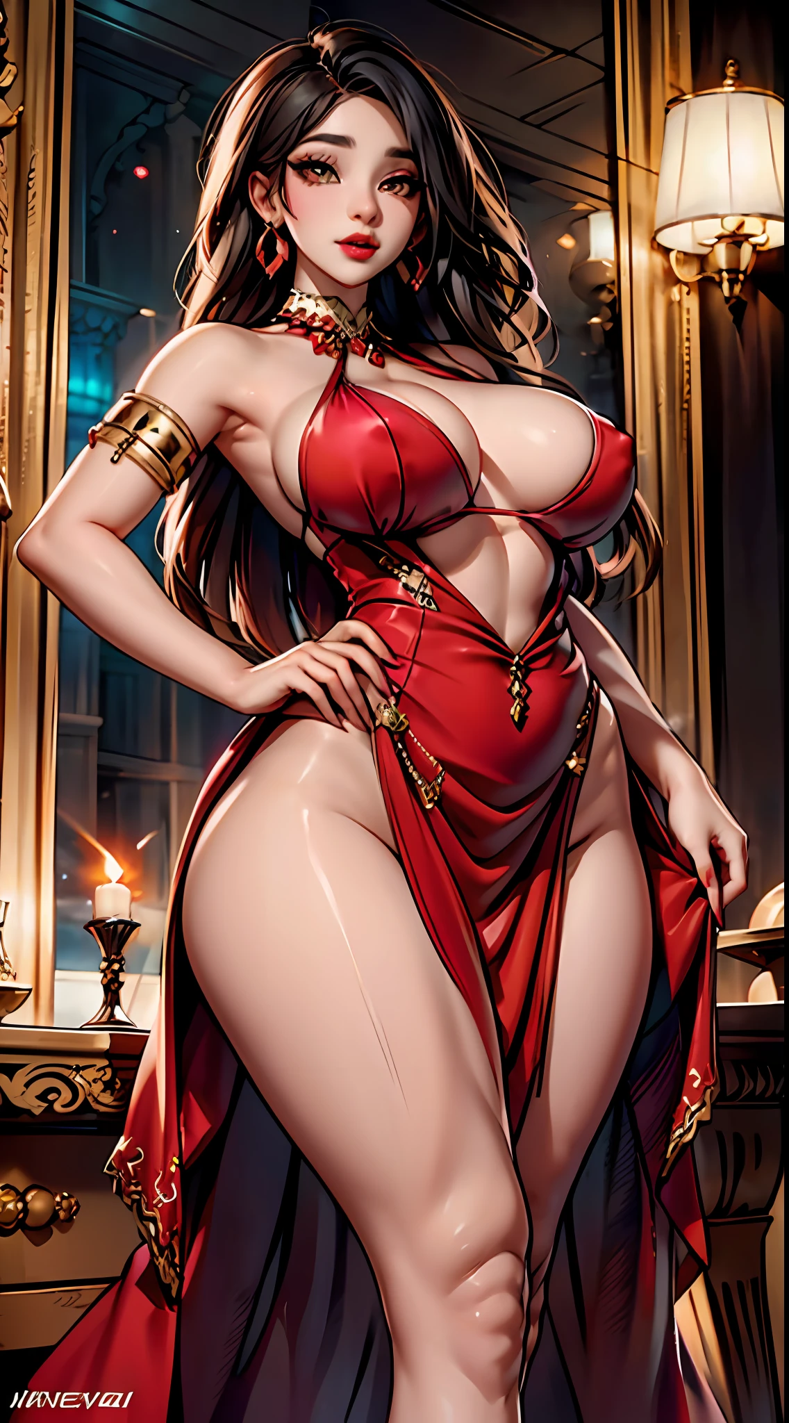 Arabian woman with bare shoulders in a seductive belly dancer dress. She has captivating red lips, striking makeup, and alluring earrings and jewelry. Her gaze is fixed upon the viewer, showcasing her sexy legs