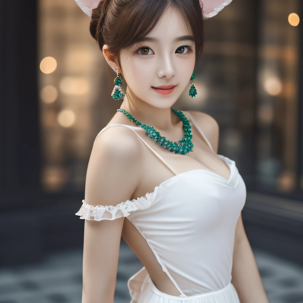 random posture, (very delicate and beautiful work), (masterpiece), 1girl, a girl in a white dress, high-detailed, low back, distorted ponytail, charming expression, beautiful clear eyes, green pupils, delicate necklace, delicate earrings, fairy ears, simple blurred background, very detailed description, beautiful, charming, ultra-fine painting, delicate face , delicate figure, thin collarbone, beautiful lips, beautiful breasts, soft back view, mix4, (8k, RAW photo, best quality, masterpiece: 1.2), (realistic, photorealistic: 1.37), 1 girl, cute, cityscape, night, rain, professional lighting, photon mapping, radiosity, physics-based rendering,