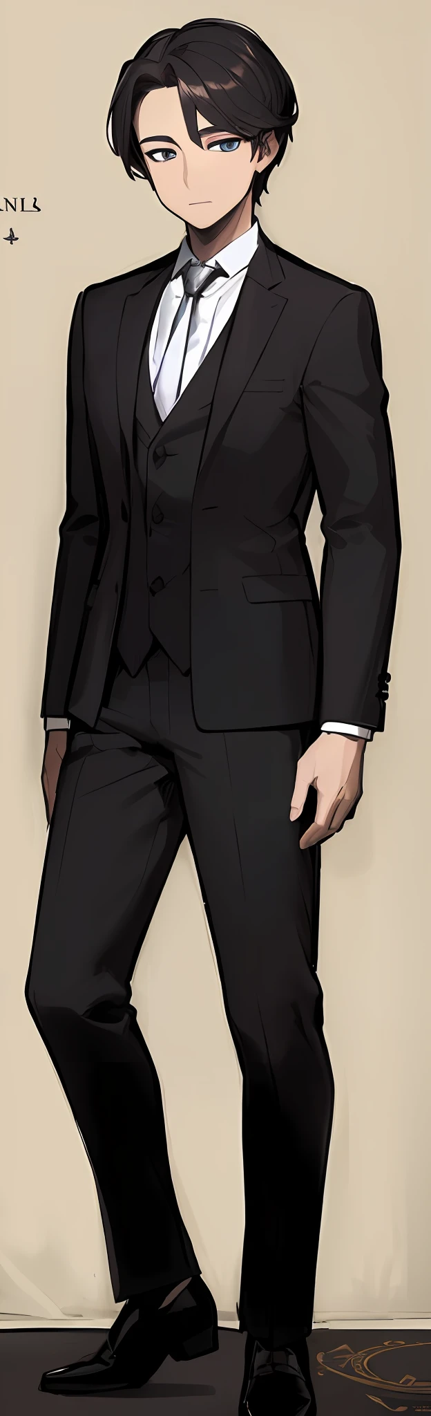 ((Masterpiece))), (((Best Quality))), ((Ultra-detailed)), (very detailed illustration), cinematiclight,, 1 guy ((Character Sheet)), (Concept art), ((full - body)), (Masterpiece: 1.2), (Best Quality: 1.3), 1 guy standing Guy in a formal suit with a tie . Dark hair, blue clear eyes