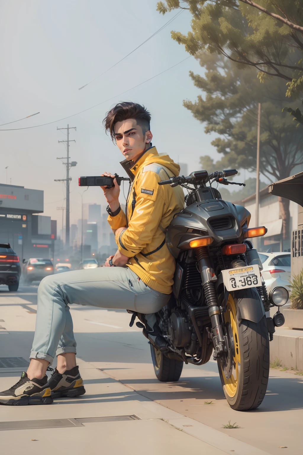 Background change cyberpunk handsome boy with brand car ultra modem realistic face